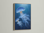 Framed jellyfish artwork in an oak frame. The artwork is displayed on a white wall. The natural wood grain of the oak adds warmth and character. This frame enhances the marine life art. Perfect for coastal or nature-themed decor.