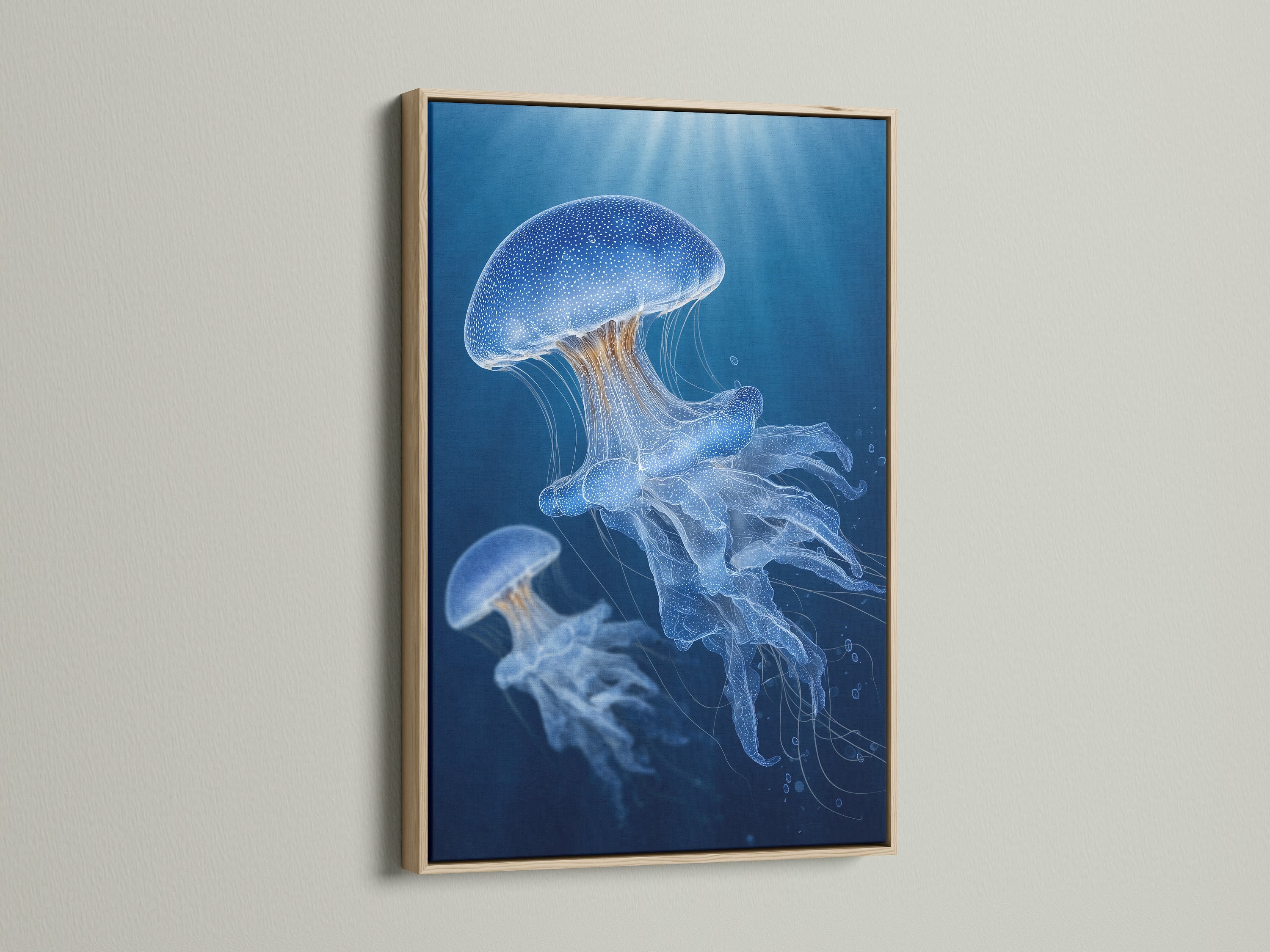 Framed jellyfish artwork in an oak frame. The artwork is displayed on a white wall. The natural wood grain of the oak adds warmth and character. This frame enhances the marine life art. Perfect for coastal or nature-themed decor.