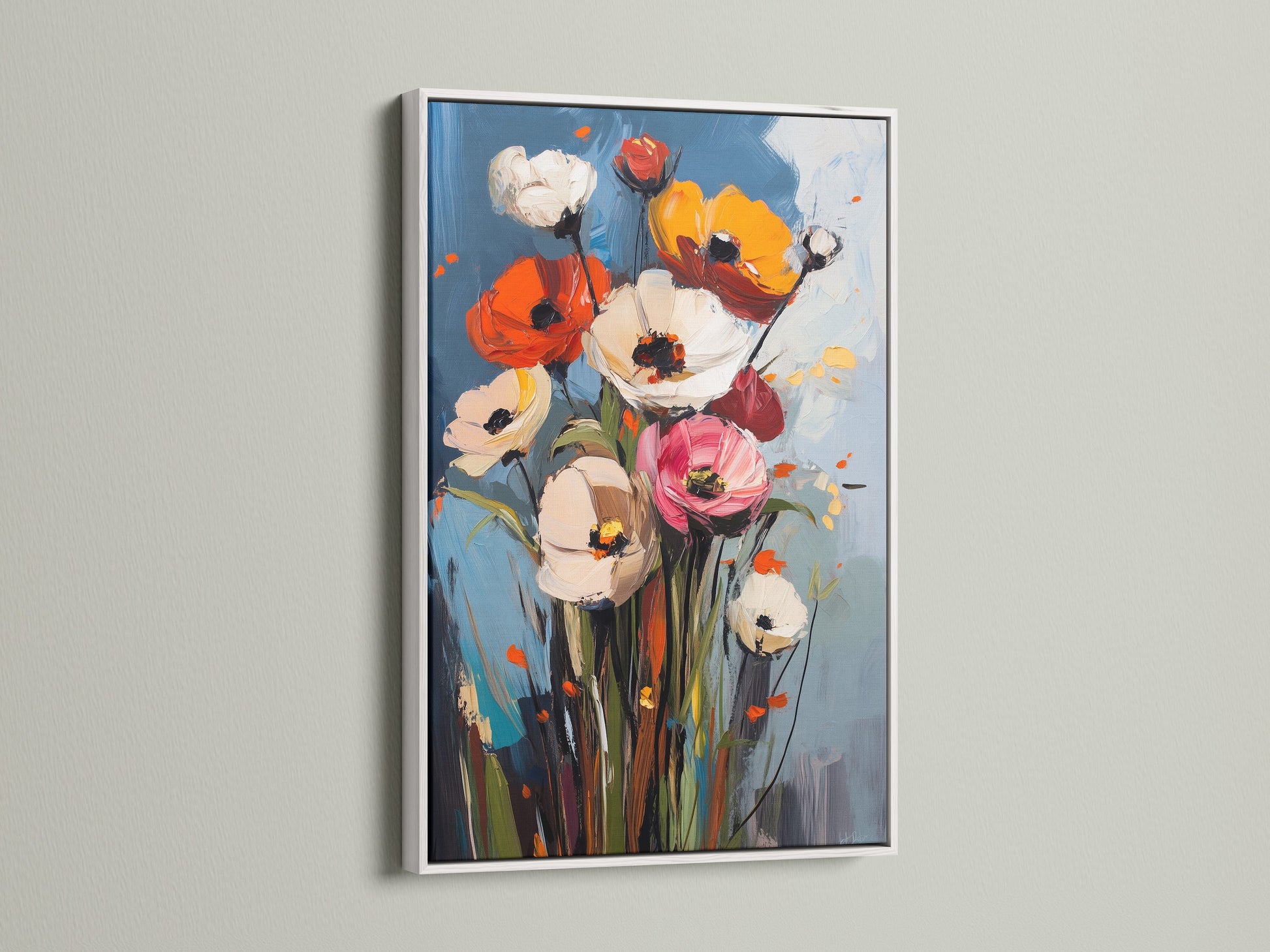 Artwork with a white frame is displayed. The frame enhances the artwork. White frames provide a clean and modern look. Perfect for any style of artwork. Find the ideal frame for your artwork today.