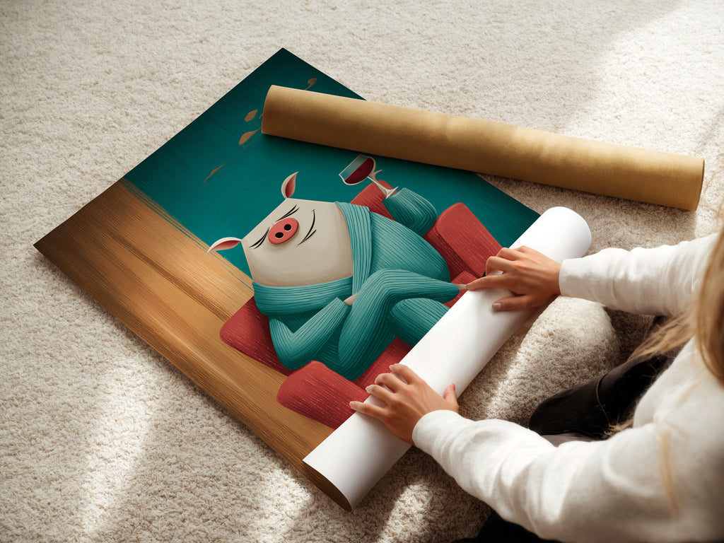 A woman is carefully rolling a fine art poster paper. This is a teal pig art print. It's a funny animal wall art of a pig with wine. This poster is ideal for kitchen wall decor. The fine art paper ensures high quality and detail. Perfect for whimsical animal artwork.