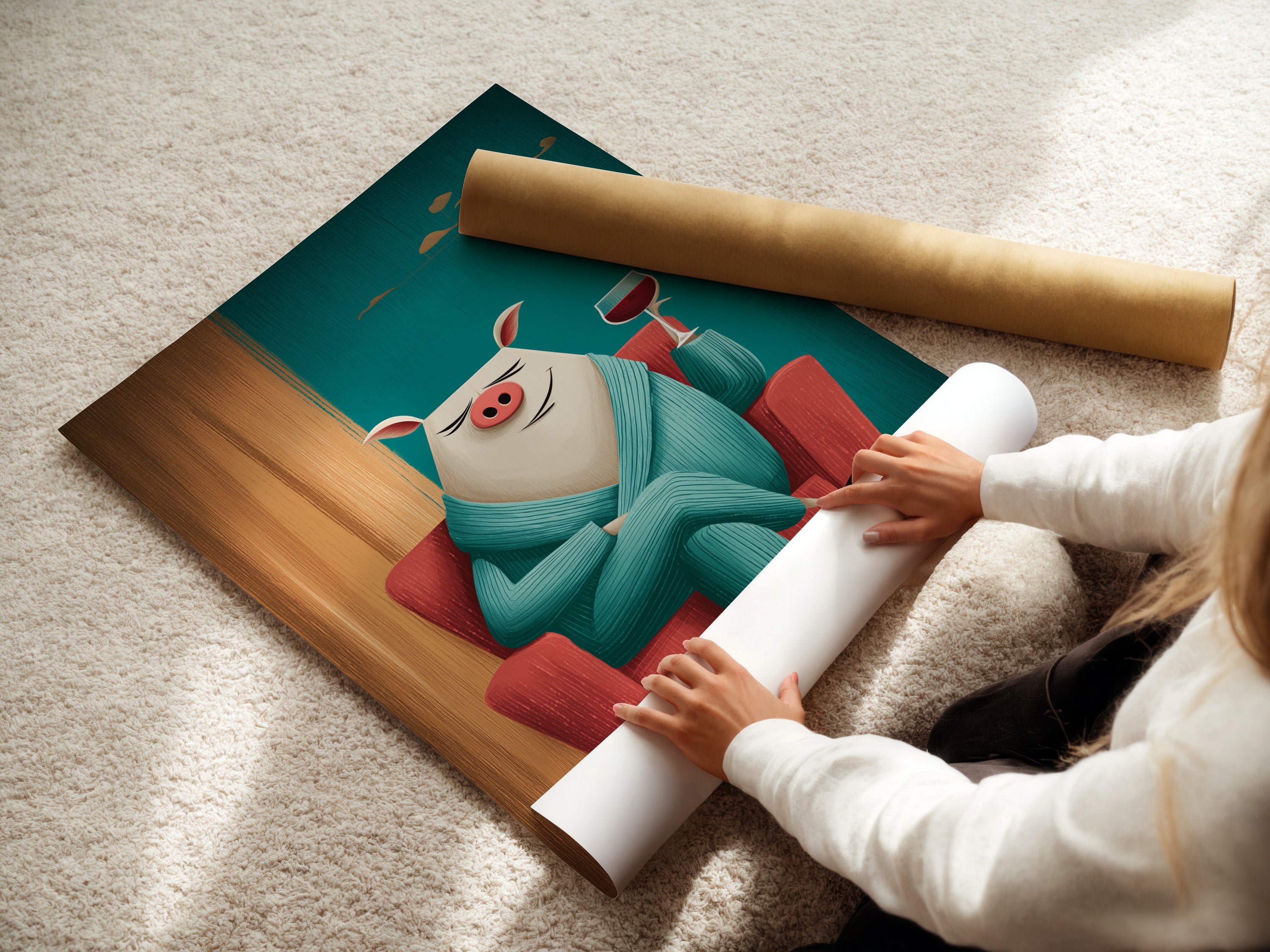 A woman is carefully rolling a fine art poster paper. This is a teal pig art print. It's a funny animal wall art of a pig with wine. This poster is ideal for kitchen wall decor. The fine art paper ensures high quality and detail. Perfect for whimsical animal artwork.