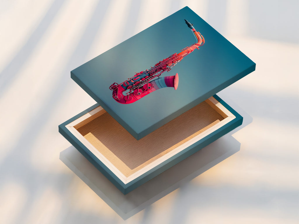 A stretched canvas print. It showcases the vibrant pink saxophone art. Ready to hang Jazz wall art. This modern instrument print enhances any space. Ideal for music lovers and musicians. A perfect addition to your home office or studio.