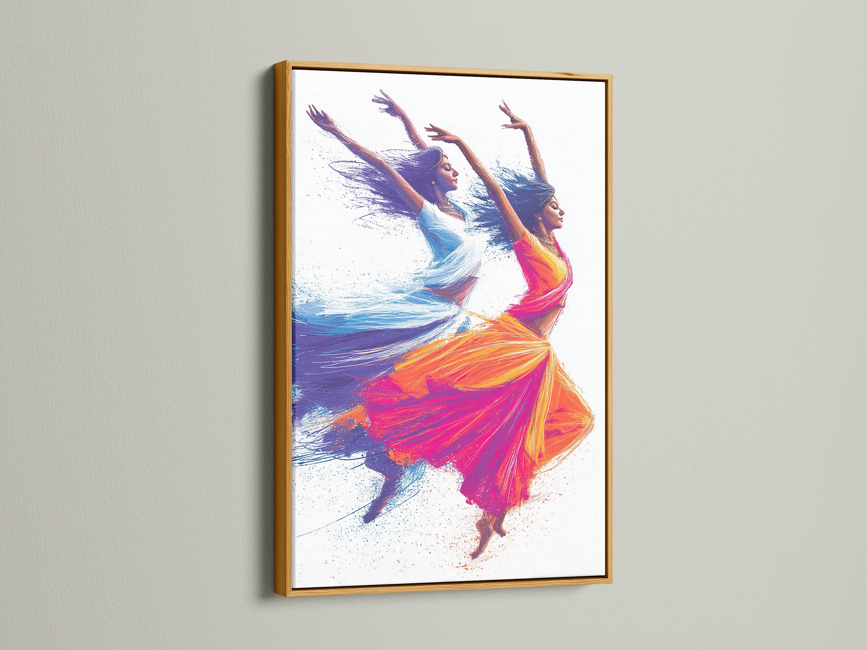 Indian Dancers artwork presented in a gold frame. The artwork features dancers in motion. The artwork is a celebration of Indian culture. Perfect as a focal point in living rooms or studios.