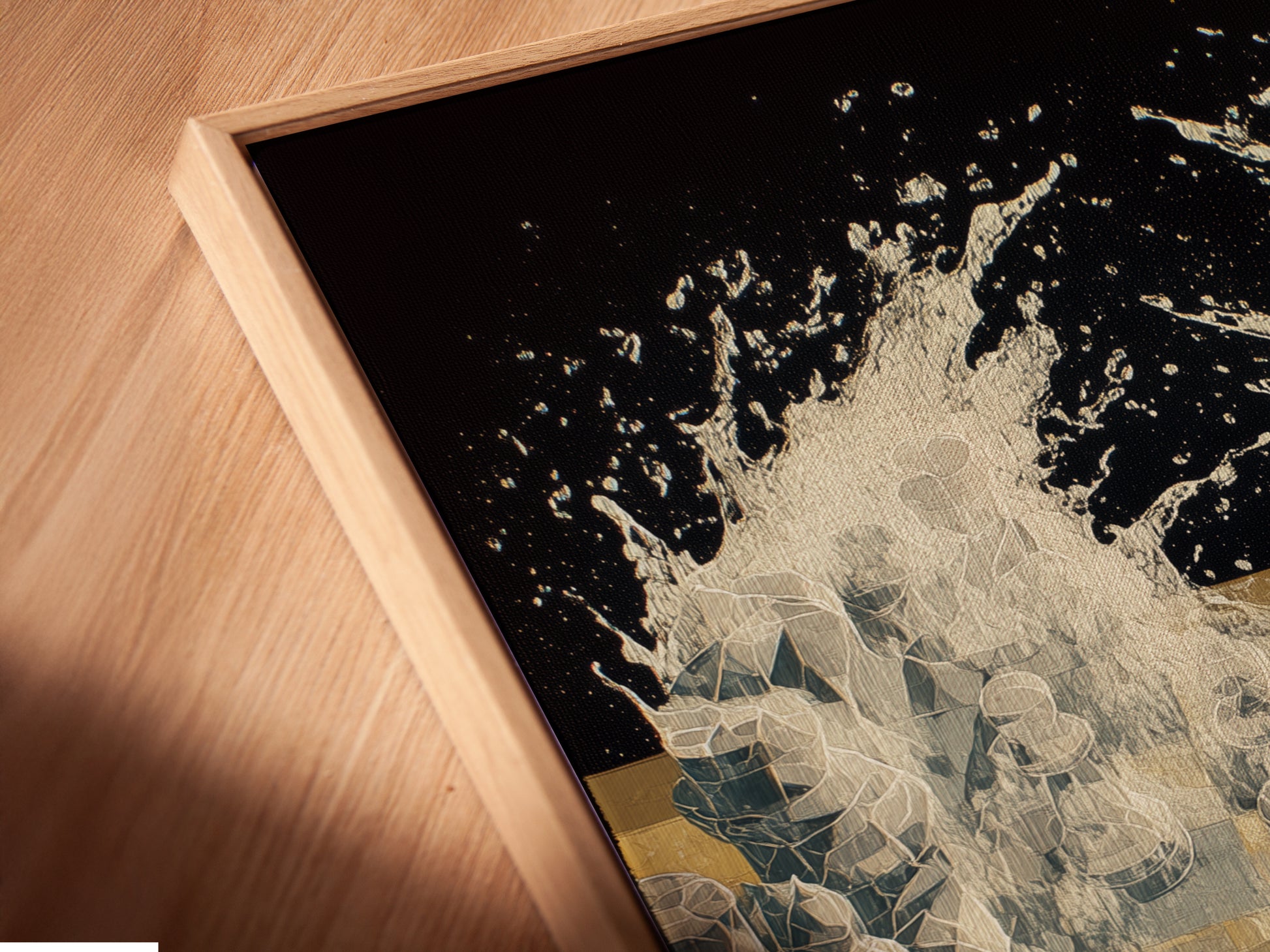 Get a closer look at the elegance of this canvas print. This angled close-up showcases the floating frame. The frame enhances the abstract artwork. Perfect for adding a modern touch to your home or office decor.