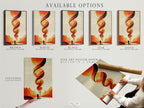 Available options for abstract geometric artwork. The options include stretched canvas print fine art poster and floating frame. The artwork showcases orange and beige colors. Choose the perfect format for your style. Ideal for modern minimalist and eclectic interiors. Enhance your living room bedroom or office. Elevate your artwork today.