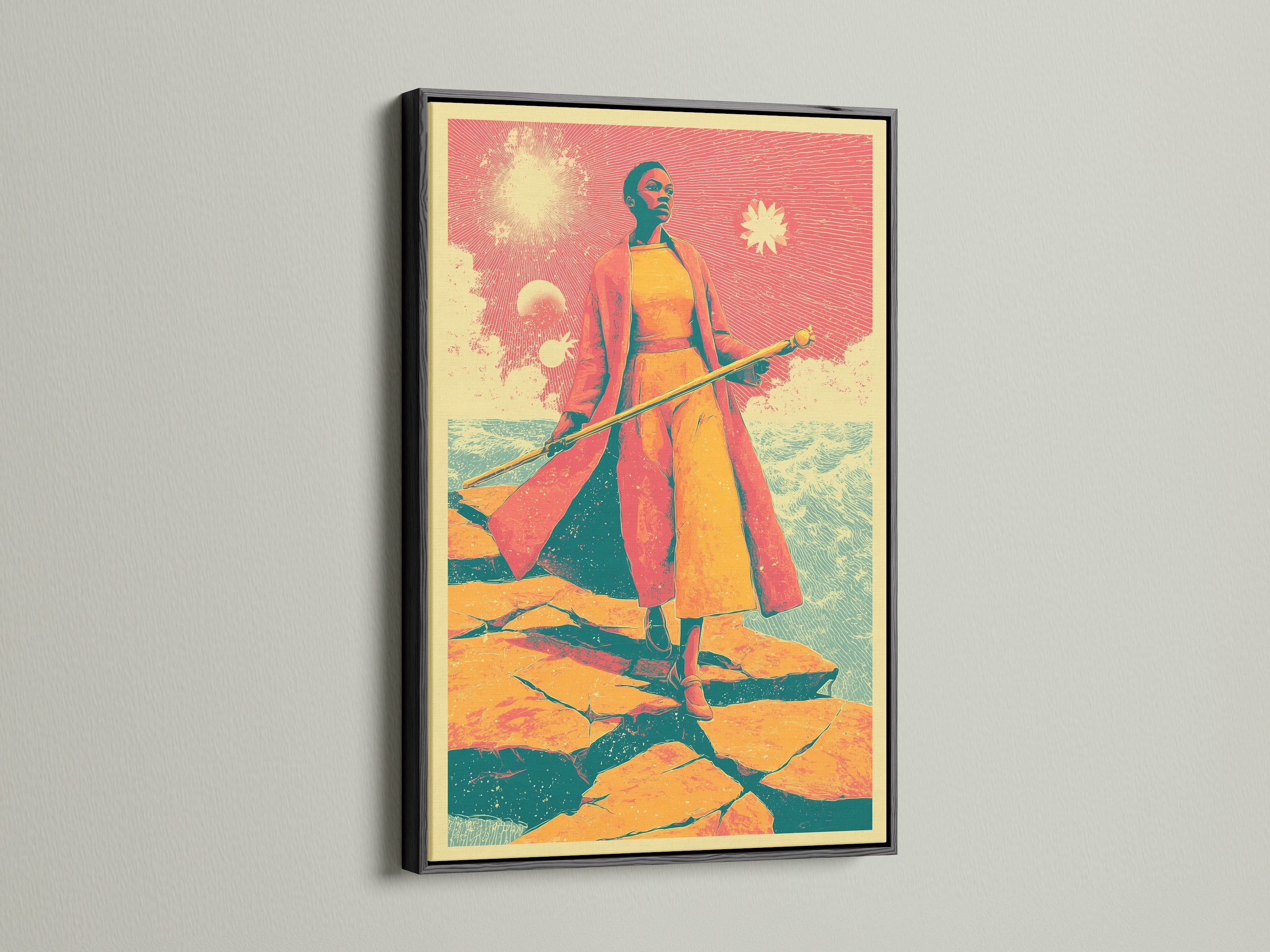 Retro fantasy art print in a sleek black frame. This vintage sci-fi print is a perfect piece of surreal wall art. Add fantasy canvas art to your office wall. The desert landscape evokes a sense of adventure. The artwork fits mid-century modern or eclectic styles. This is great for creative spaces.