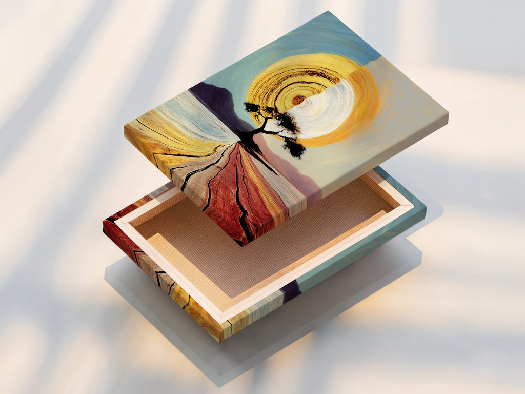 This image shows a stretched canvas print ready to hang. The stretched canvas provides a clean and modern display option. The Sunrise Tree artwork looks stunning on this stretched canvas. Transform your living space with this ready to hang abstract landscape.