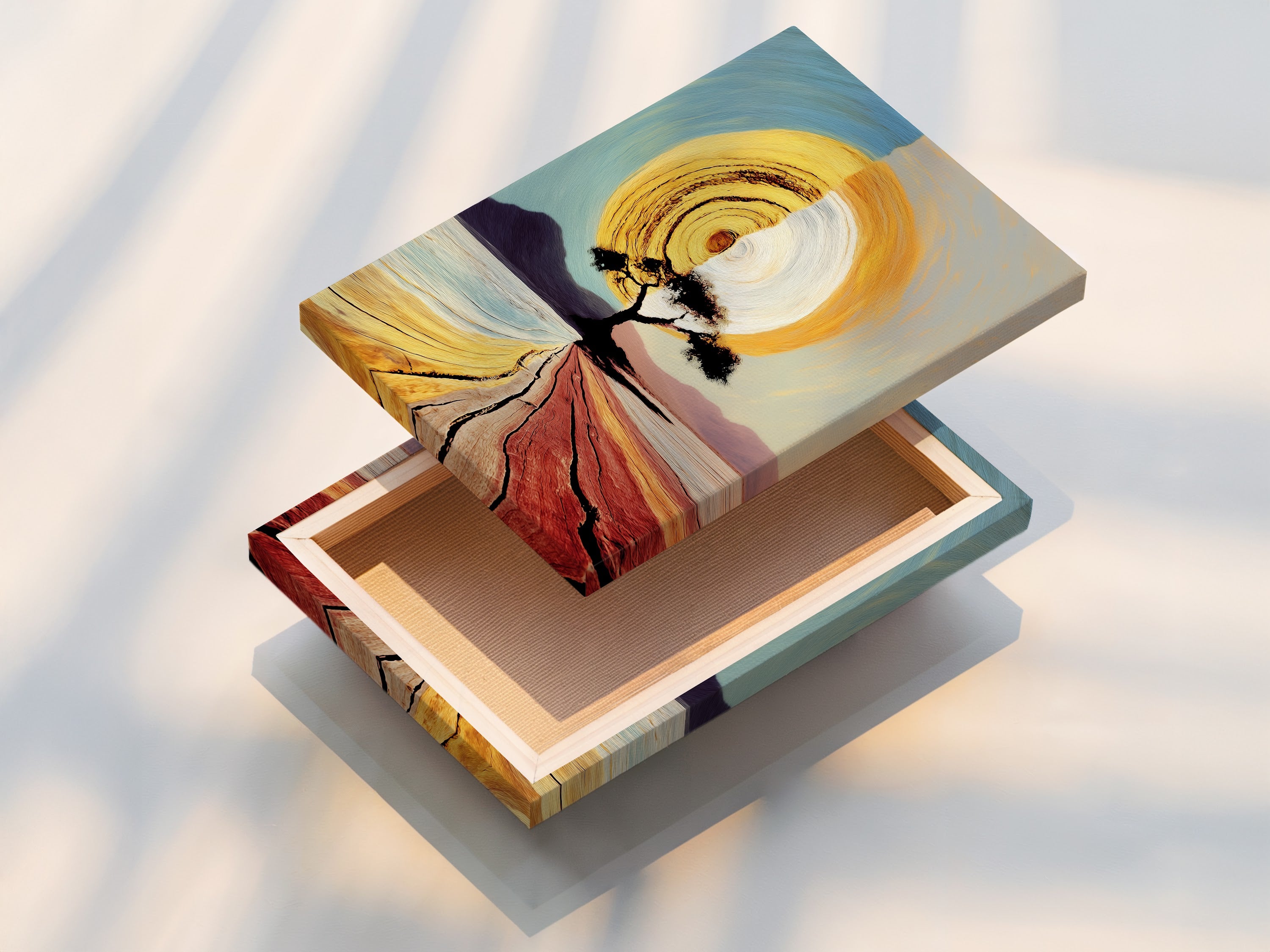 This image shows a stretched canvas print ready to hang. The stretched canvas provides a clean and modern display option. The Sunrise Tree artwork looks stunning on this stretched canvas. Transform your living space with this ready to hang abstract landscape.