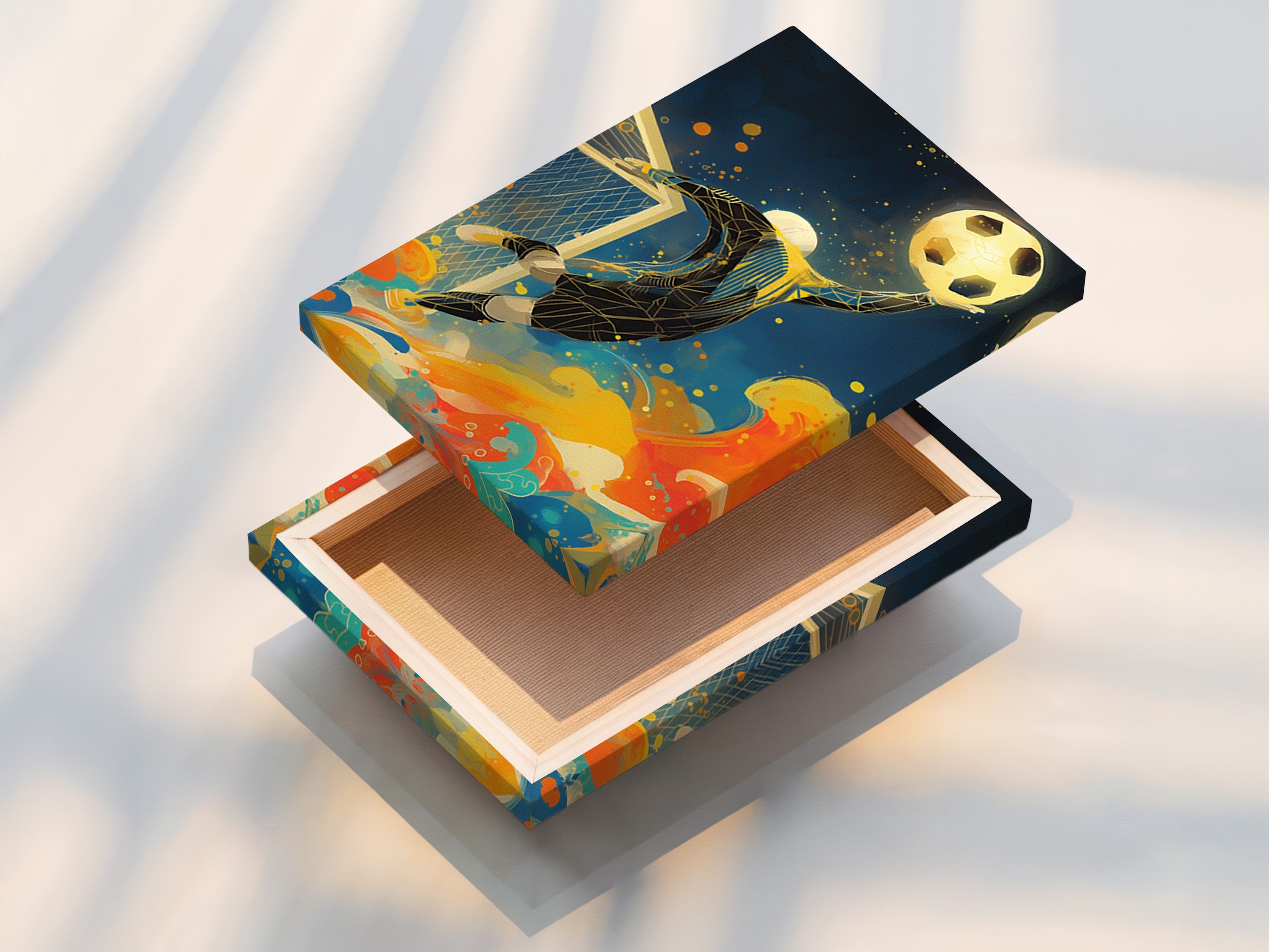 The stretched canvas print of the soccer goalkeeper artwork is ready to hang. The canvas enhances the artwork's texture and depth. This makes it an ideal piece of sports wall decor. It brings energy and color to any sports fan's space.