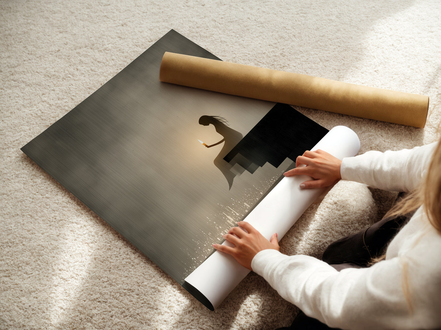 A woman is carefully rolling a fine art poster paper. This showcases the care in preparing minimalist prints. The Silhouette woman with candle art is ideal for serene decor.