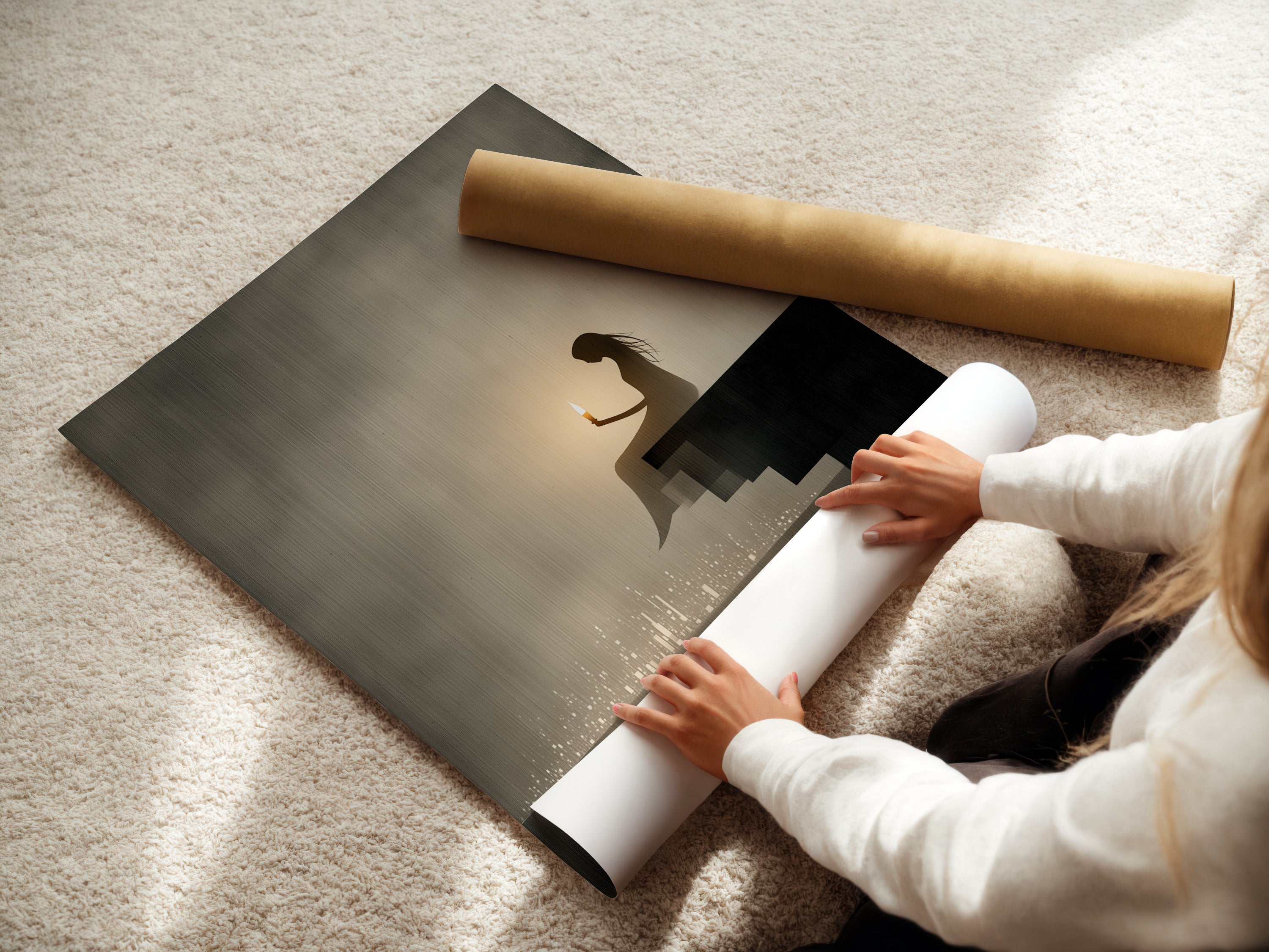 A woman is carefully rolling a fine art poster paper. This showcases the care in preparing minimalist prints. The Silhouette woman with candle art is ideal for serene decor.