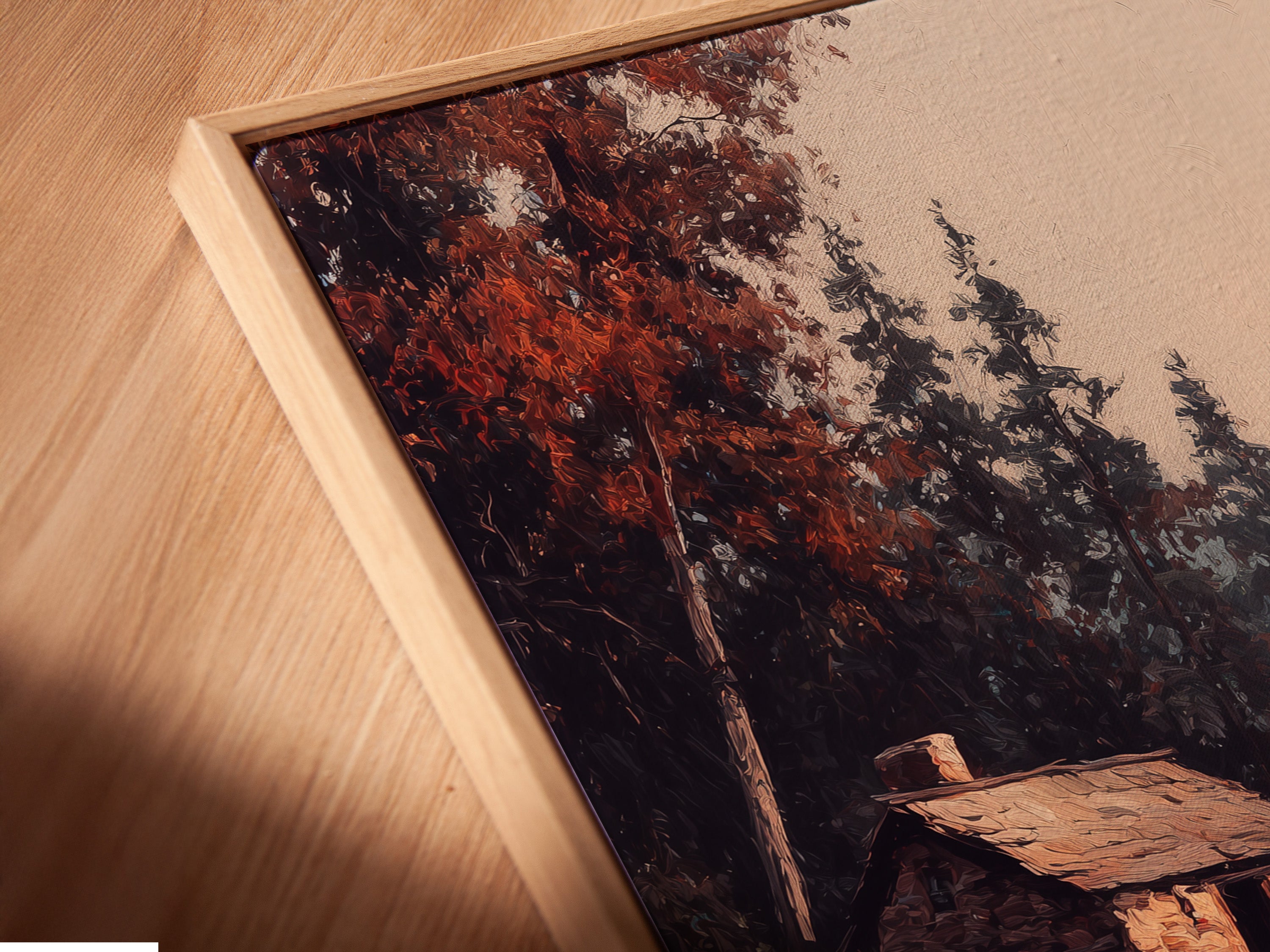 Close-up angled view of a canvas print in a floating frame. The frame enhances the artwork's depth. The canvas print features a captivating scene. This framing style adds a modern touch.