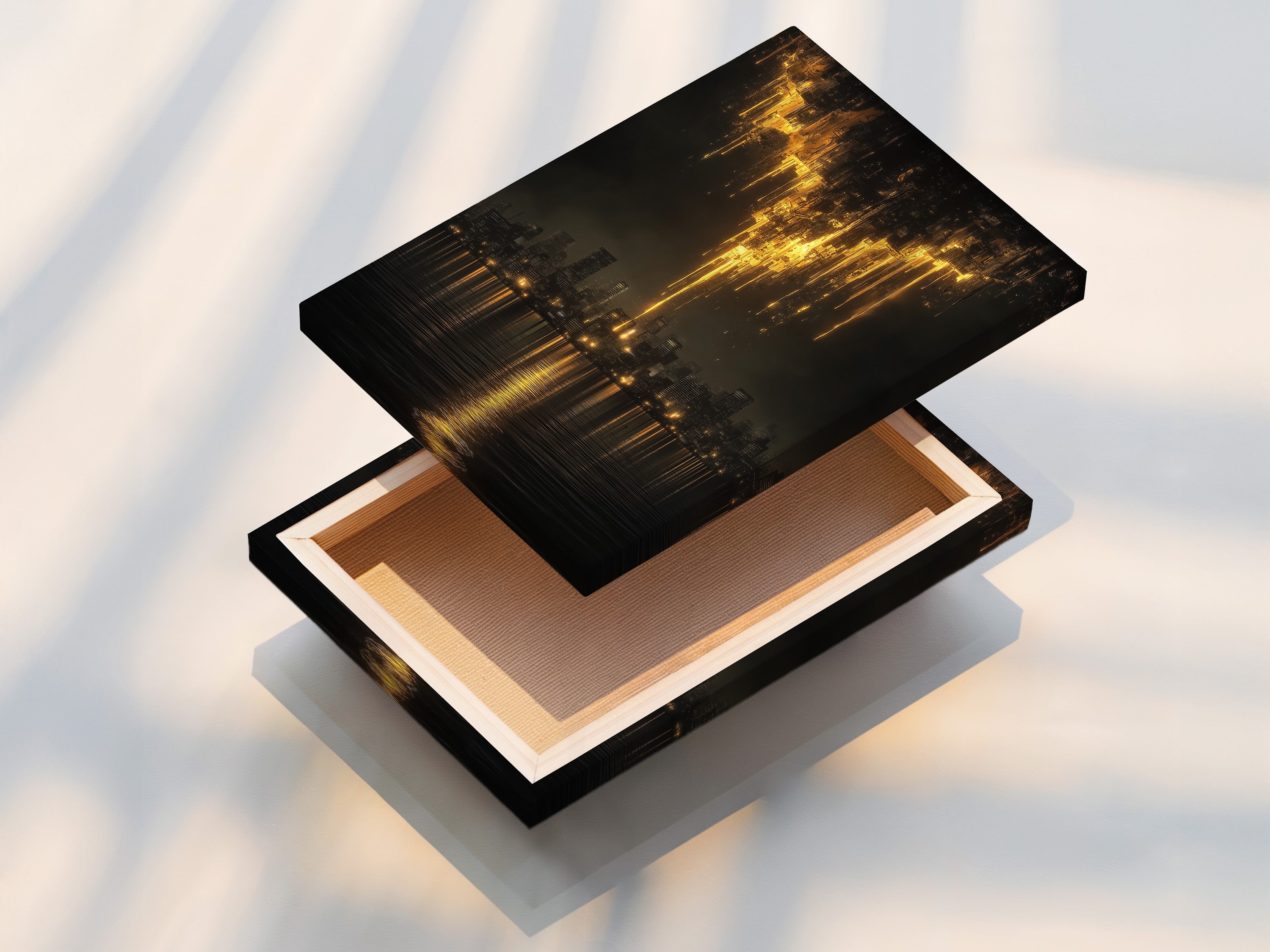 This is a stretched canvas print of the golden city skyline artwork. This urban canvas print is ready to hang. It adds a touch of sophistication to any space. Perfect for modern office art and abstract skyline art. The stretched canvas enhances the moody cityscape.