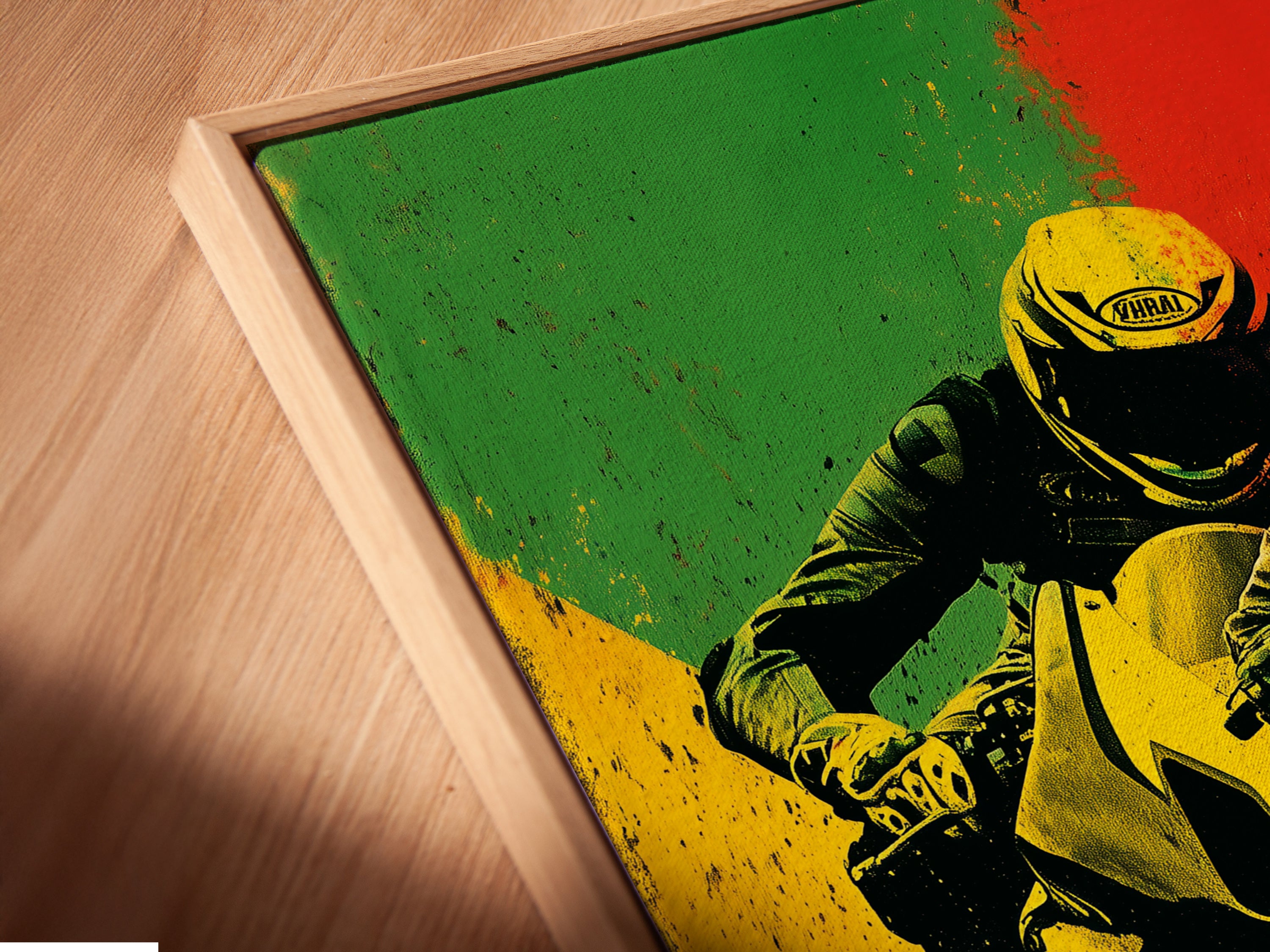A close-up of a canvas print in a floating frame. See the details of this motorcycle racing artwork. The floating frame gives a modern gallery look. This vintage sports poster is ready to hang in your garage or man cave.