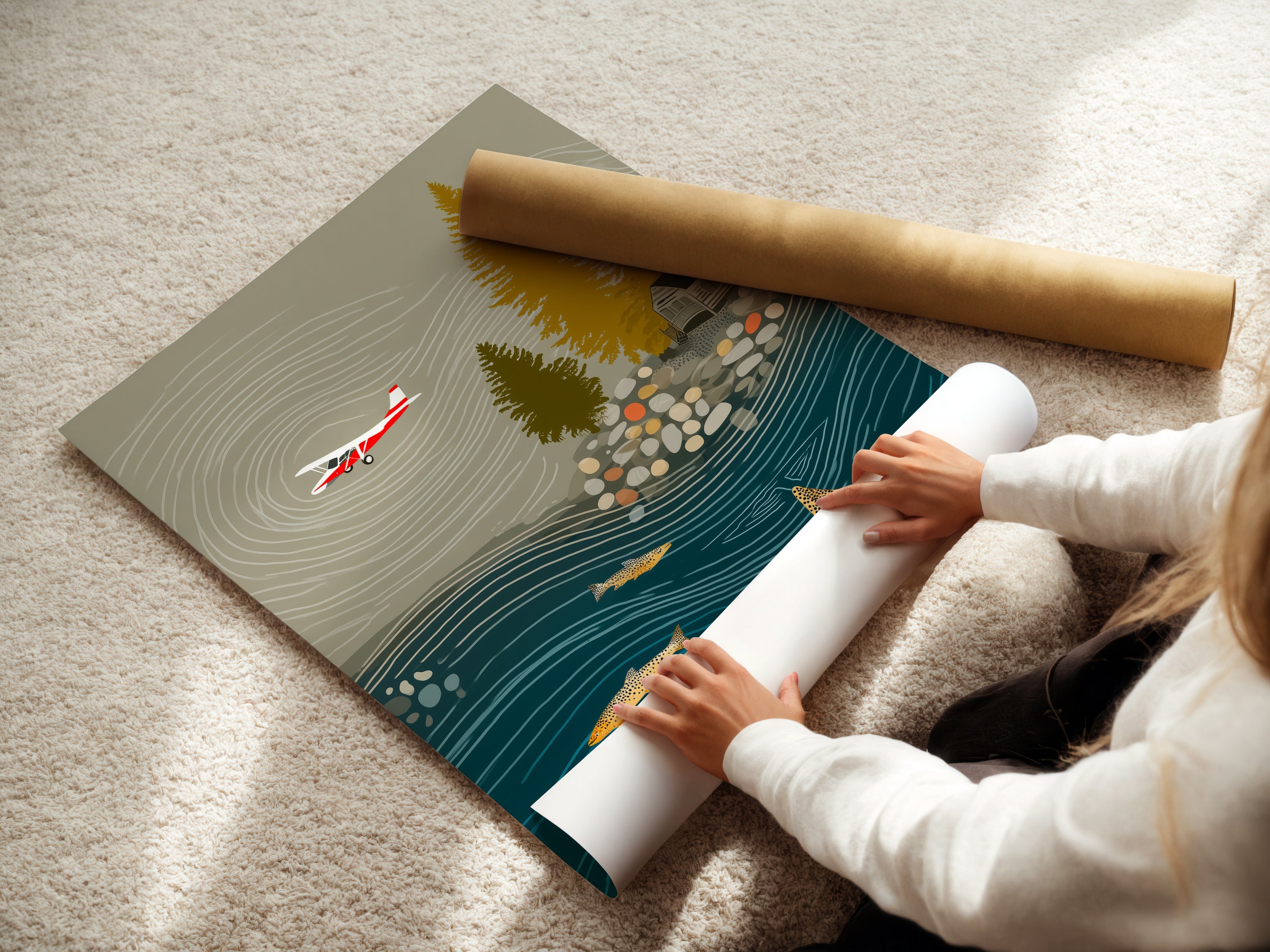 A woman is carefully rolling a fine art poster paper. The paper features a fishing landscape artwork. This paper is perfect for creating cabin wall art or a vintage airplane poster. It is ideal for man cave decor.