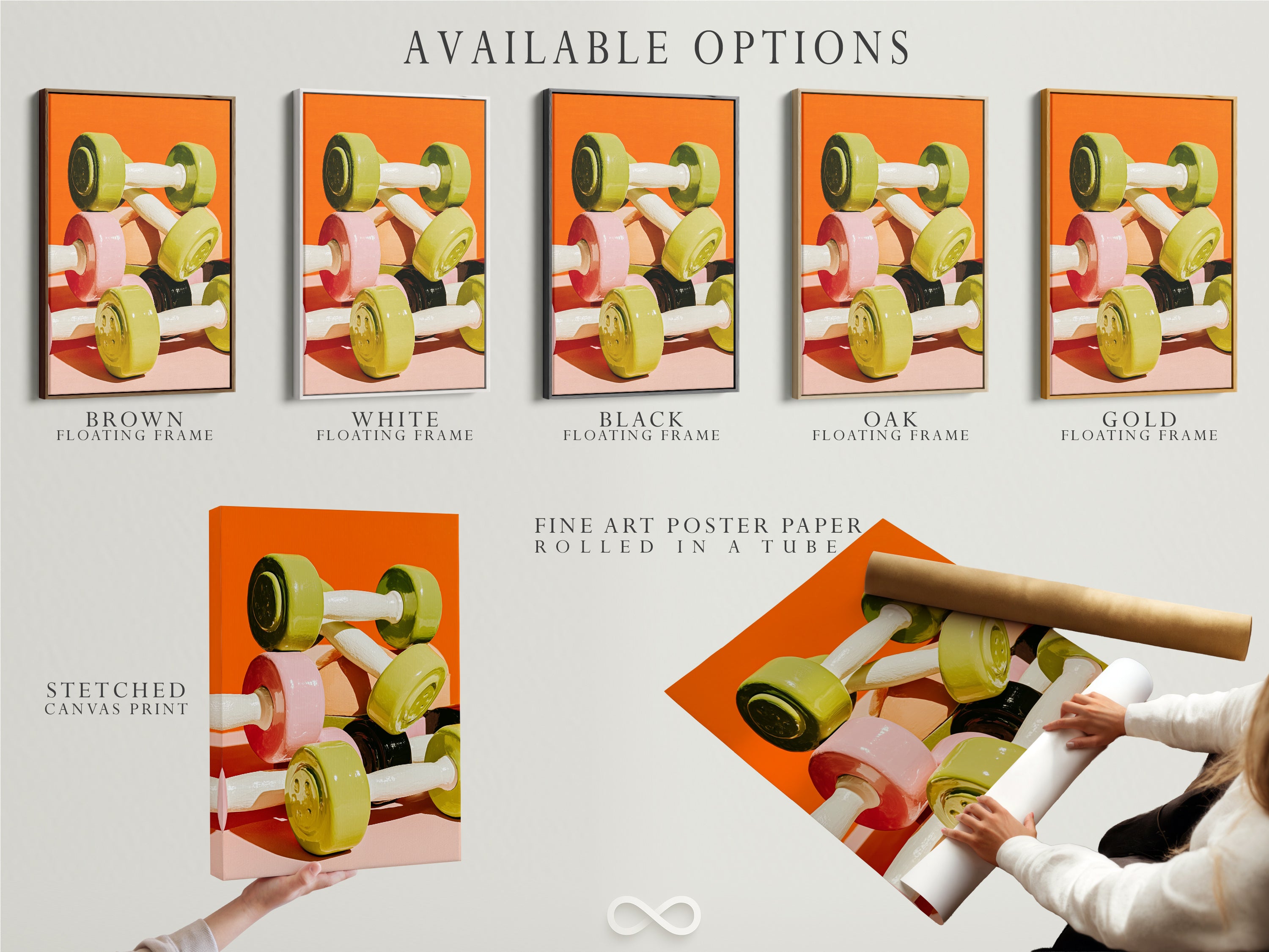 Available options are displayed here. Options include stretched canvas prints. Also available are fine art poster papers. The floating frame option is also showcased. Find the perfect format for your dumbbell artwork. Enhance your gym wall decor.