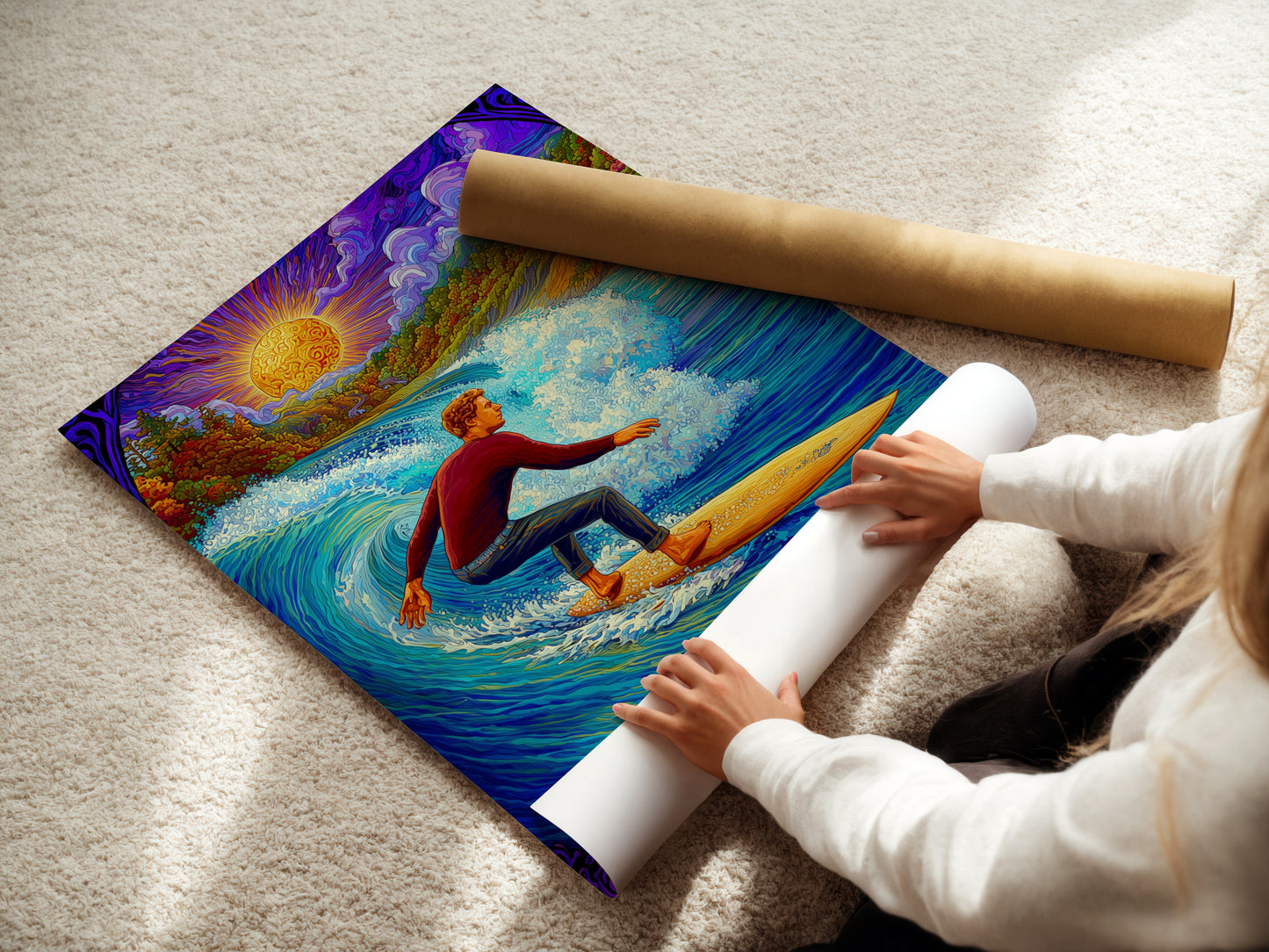 Impression d'art psychédélique surfeur - affiche vibrante de vague océanique, poster de surf coloré, décoration bohème de plage, œuvre d'art nature psychédélique