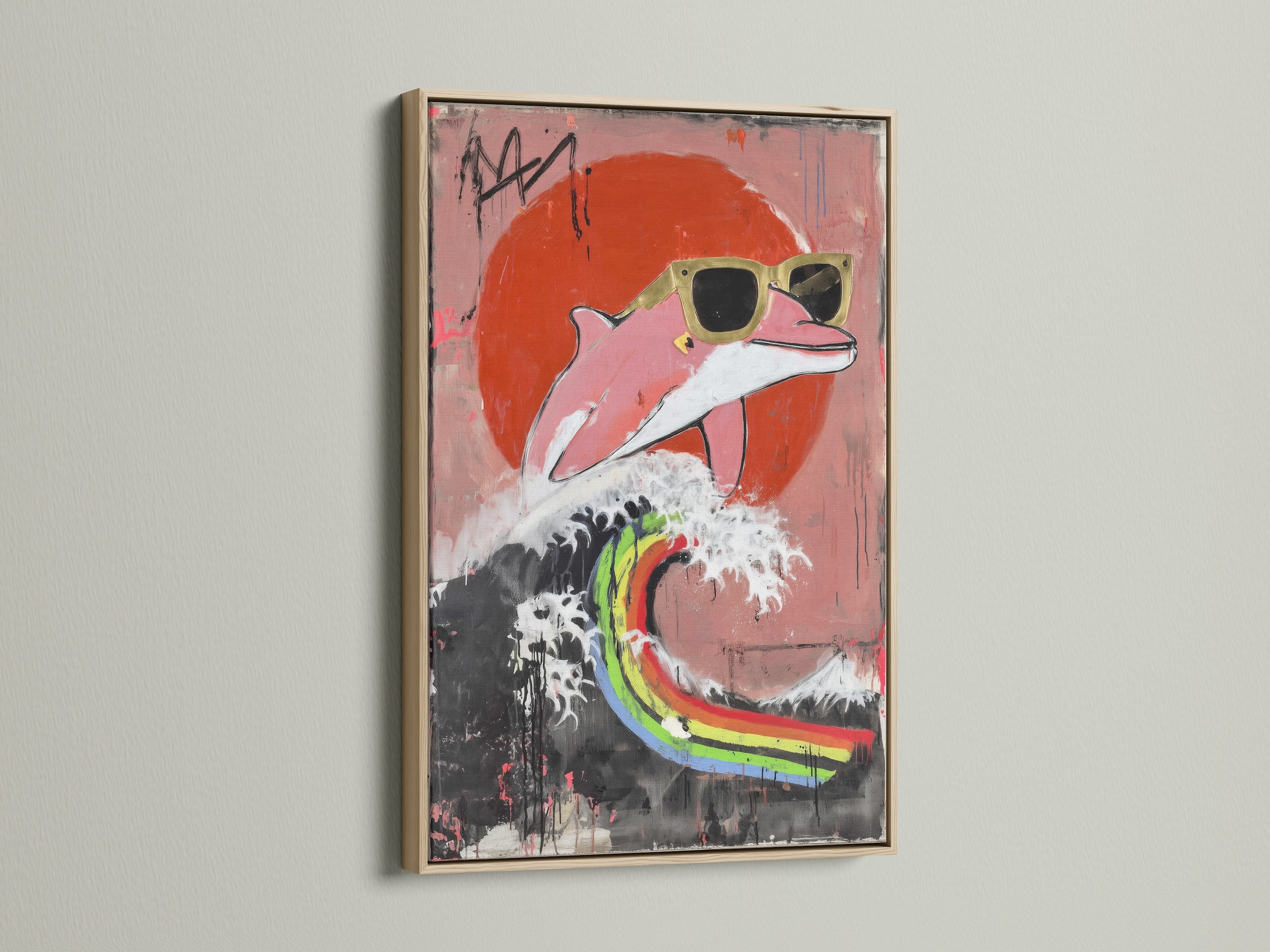 A close-up of the pop art canvas with a pink dolphin wearing sunglasses. The artwork is displayed in a stylish oak frame. The natural wood grain complements the colorful design. This funky animal art is ideal for adding personality to your space. It is a great piece for students and art enthusiasts. 