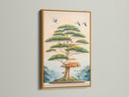 Add a luxurious touch with a gold frame. This frame highlights the Japanese Bonsai Tree House art. The fantasy tree canvas print is perfect for living rooms and offices. Elevate your wall artwork with this zen-inspired piece.