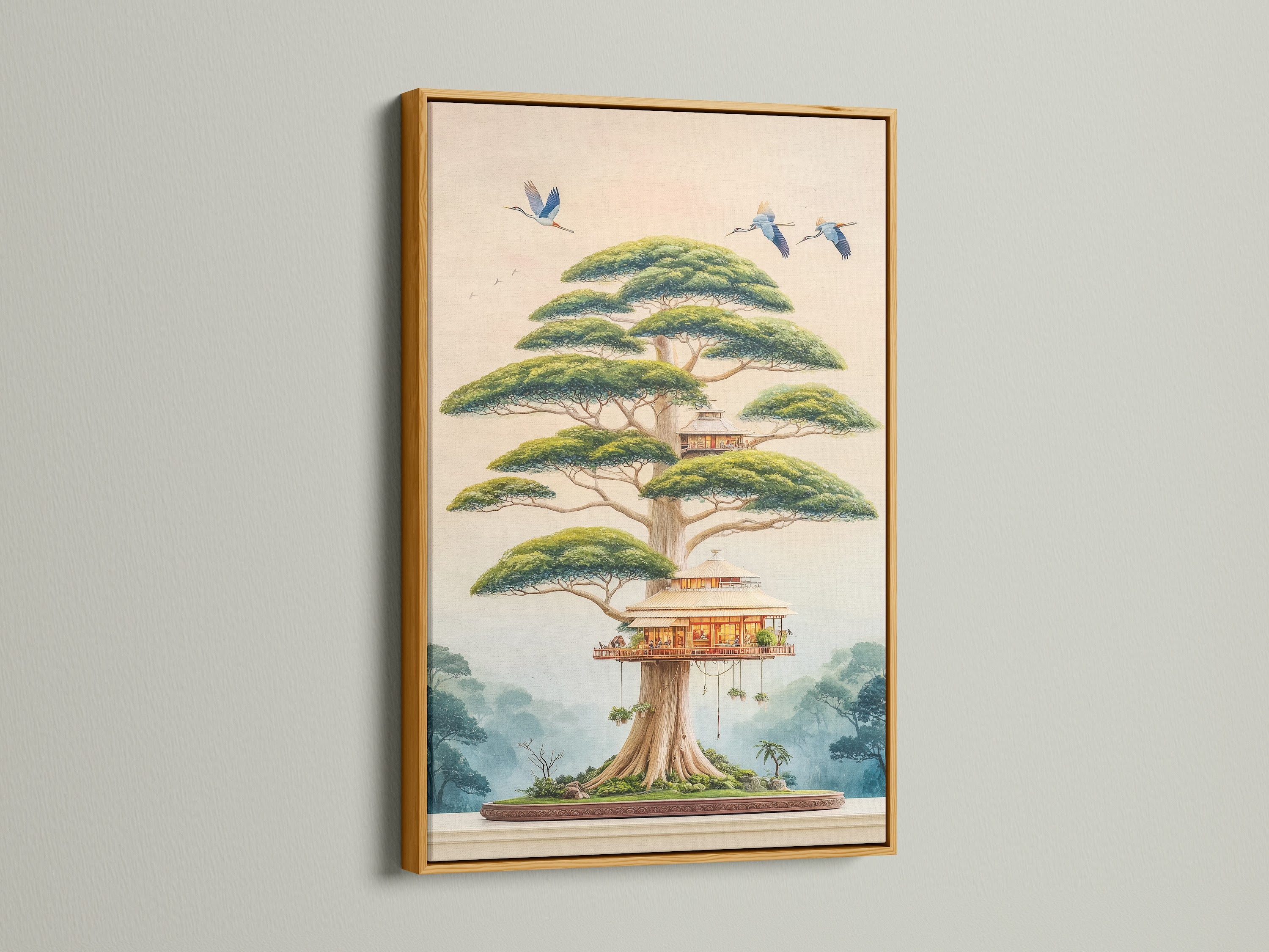 Add a luxurious touch with a gold frame. This frame highlights the Japanese Bonsai Tree House art. The fantasy tree canvas print is perfect for living rooms and offices. Elevate your wall artwork with this zen-inspired piece.