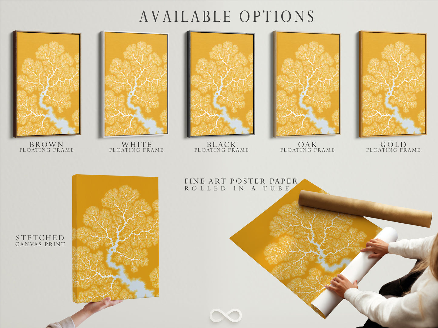 Available options for the Botanical Fractal Print are displayed including a stretched canvas print fine art poster paper and floating frame. This mustard yellow artwork with abstract branch art is perfect for enhancing any space.