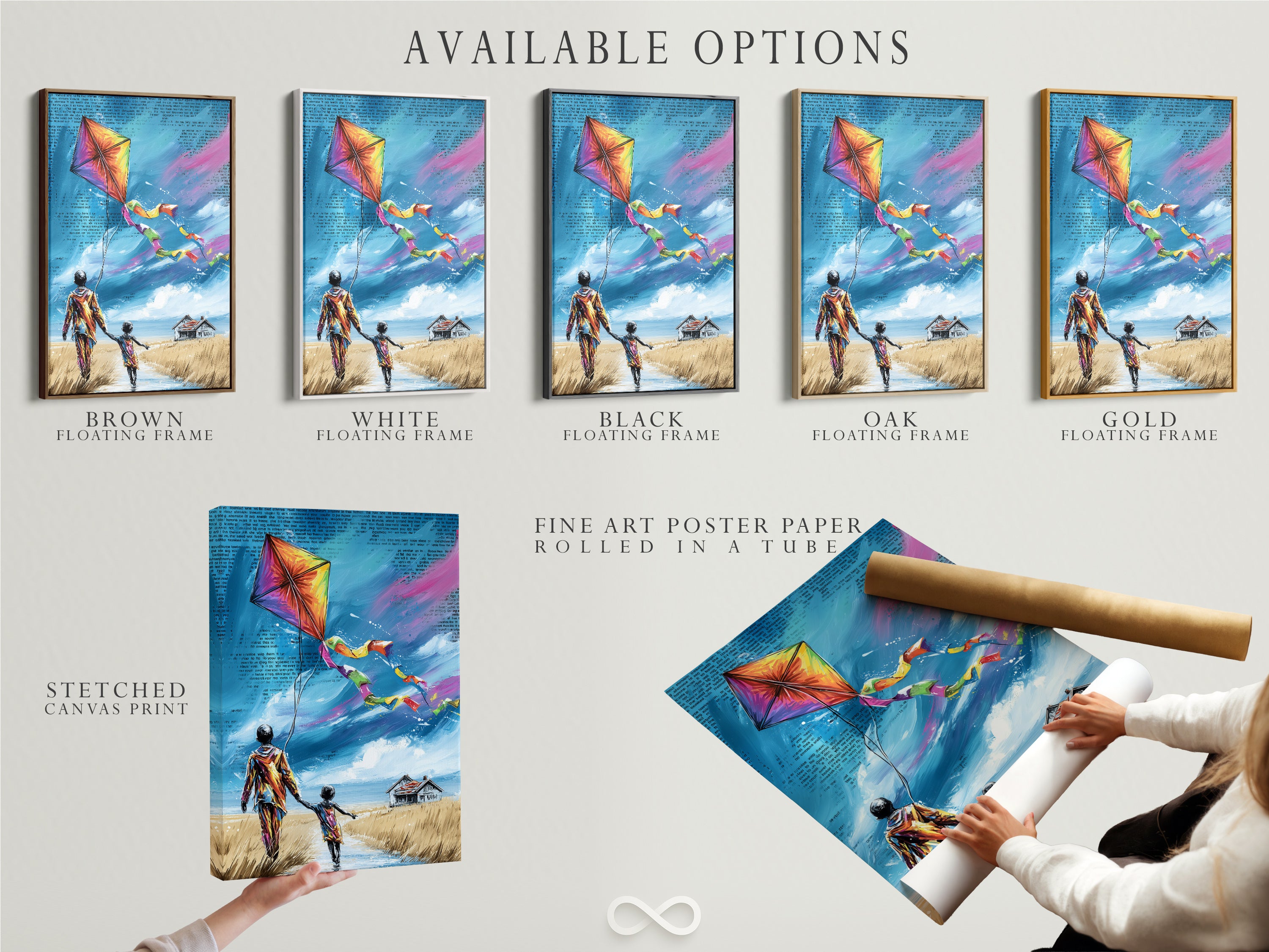 Available options are showcased including a stretched canvas print fine art poster paper and floating frame. Choose the perfect format to match your style and decor preferences. Each option enhances the kite artwork's beauty bringing a touch of childhood memories to your home.