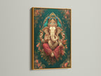 Ganesha Wall Art displayed in a gold frame. This Hindu canvas print features an elephant god. The spiritual artwork enhances meditation rooms. Teal and gold accents bring a touch of elegance. This sacred art print is perfect for any space.