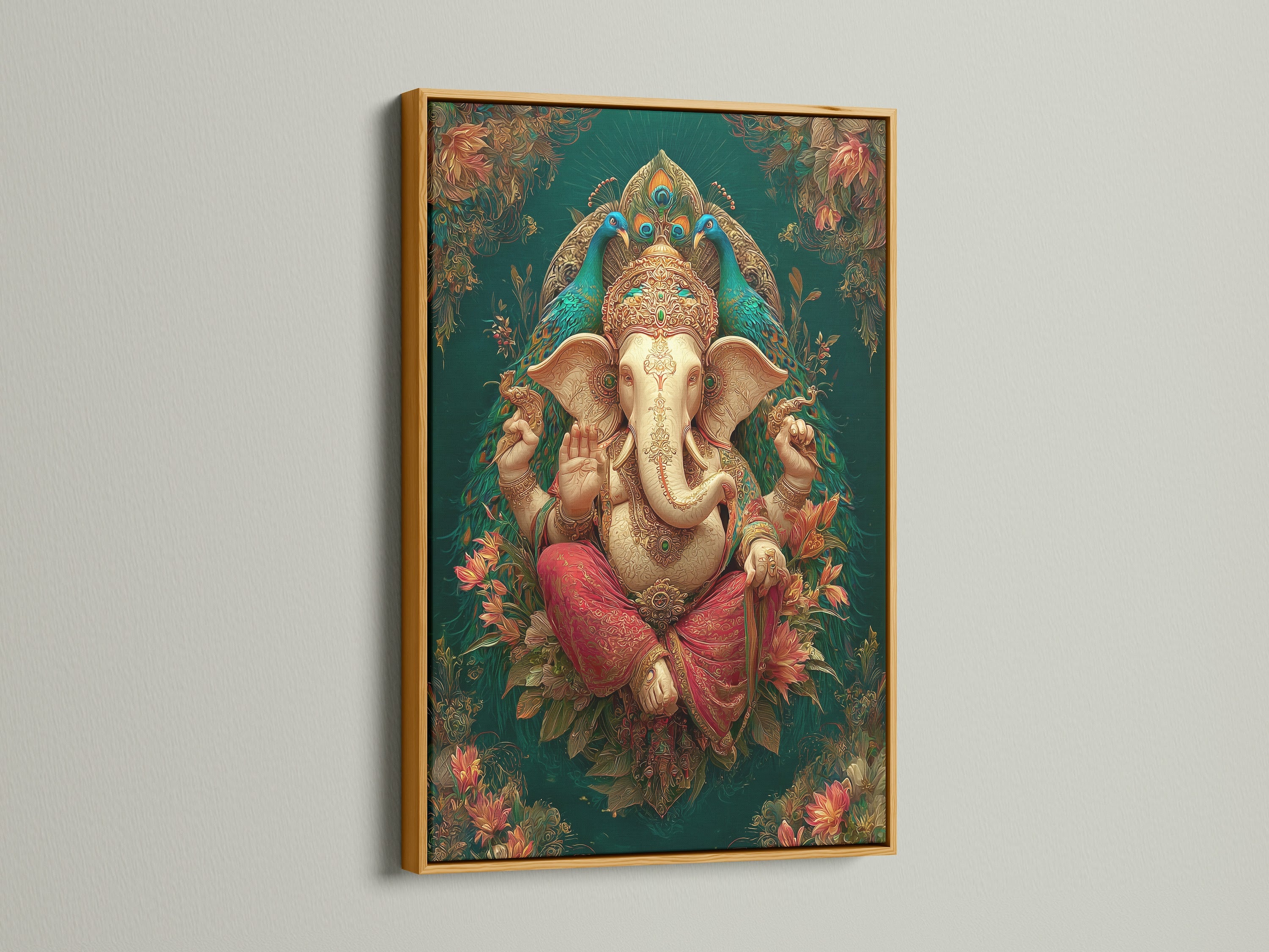 Ganesha Wall Art displayed in a gold frame. This Hindu canvas print features an elephant god. The spiritual artwork enhances meditation rooms. Teal and gold accents bring a touch of elegance. This sacred art print is perfect for any space.