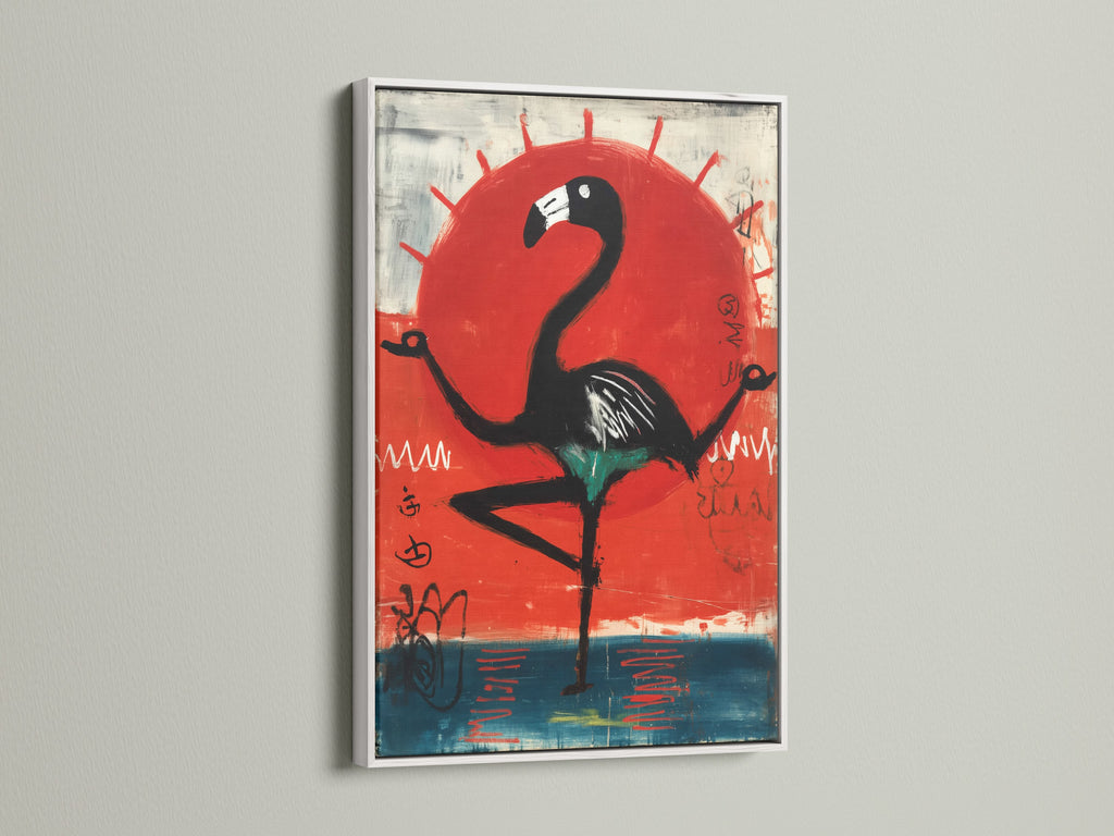 A white frame adds a clean touch to contemporary bird artwork. The flamingo art print pops against the neutral background. This frame highlights the vibrant red sun canvas art. Brighten your bedroom decor with modern wall art. The white frame suits minimalist or Scandinavian styles.