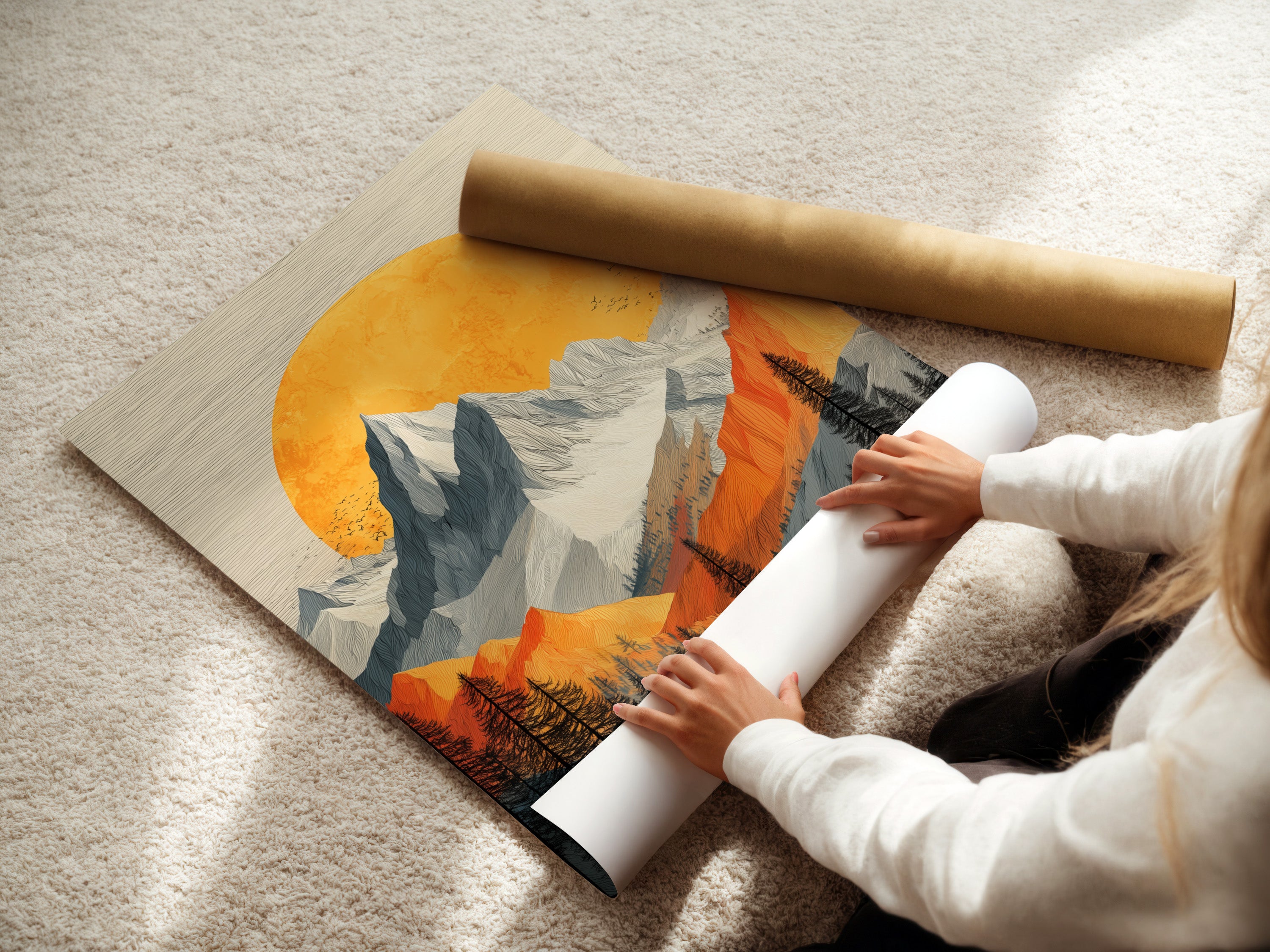 A woman is carefully rolling a fine art poster paper. Preparing the Mountain Sunset artwork for shipment. This vintage alpine wall art is printed on high-quality material. Perfect for creating stunning nature wall decor. Ideal for homeowners and interior stylists.