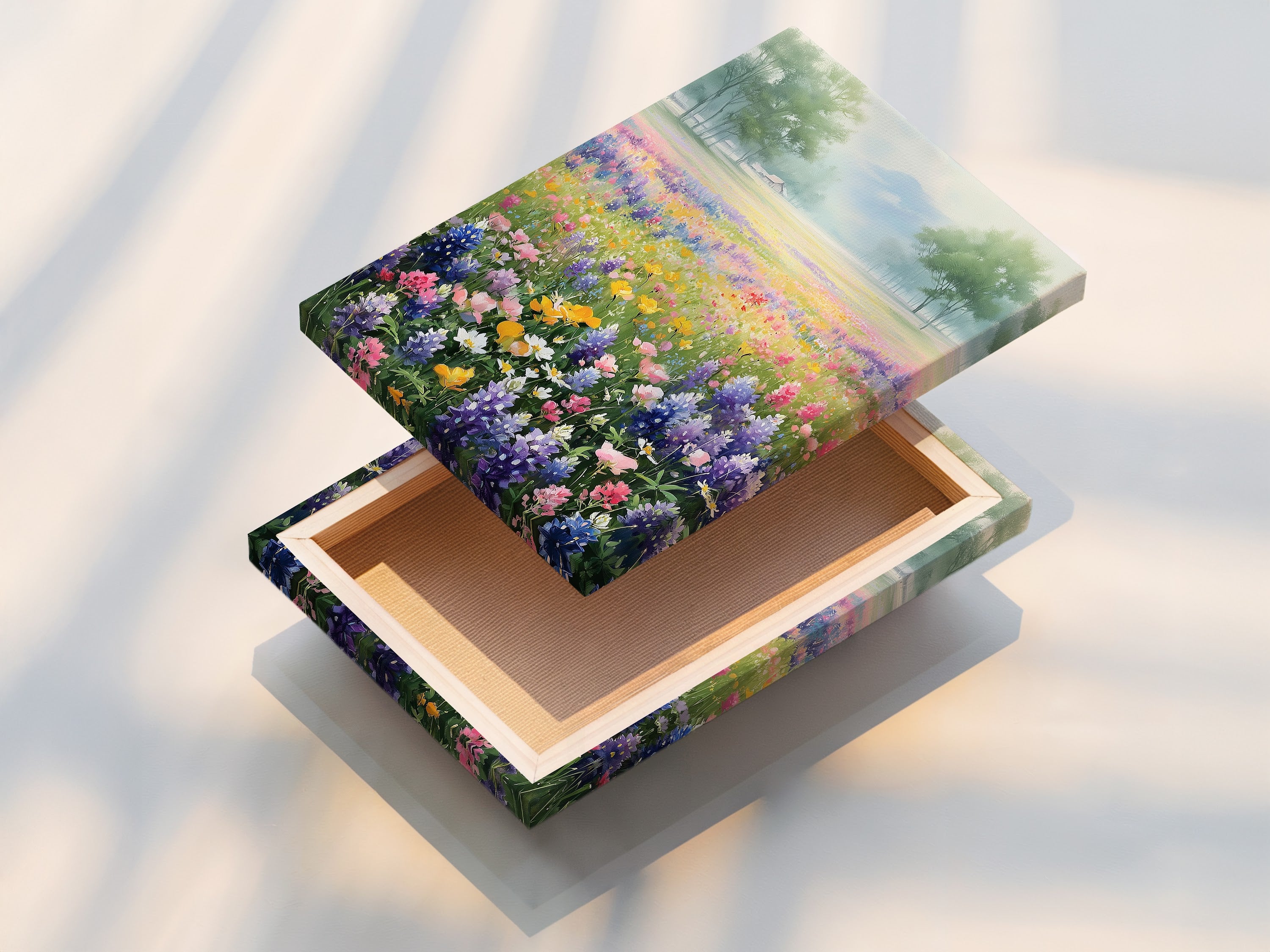 A stretched canvas print displays a wildflower field artwork. This meadow canvas print is ready to hang. Enhance your home with colorful field art. This floral landscape art brings nature indoors.