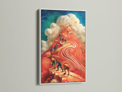 Showcase your ambition with the Mountain Climbers artwork in a white frame. This modern piece adds inspiration to any office. The white frame provides a clean and contemporary look. This makes the red peak art stand out. Perfect for motivational office decor.