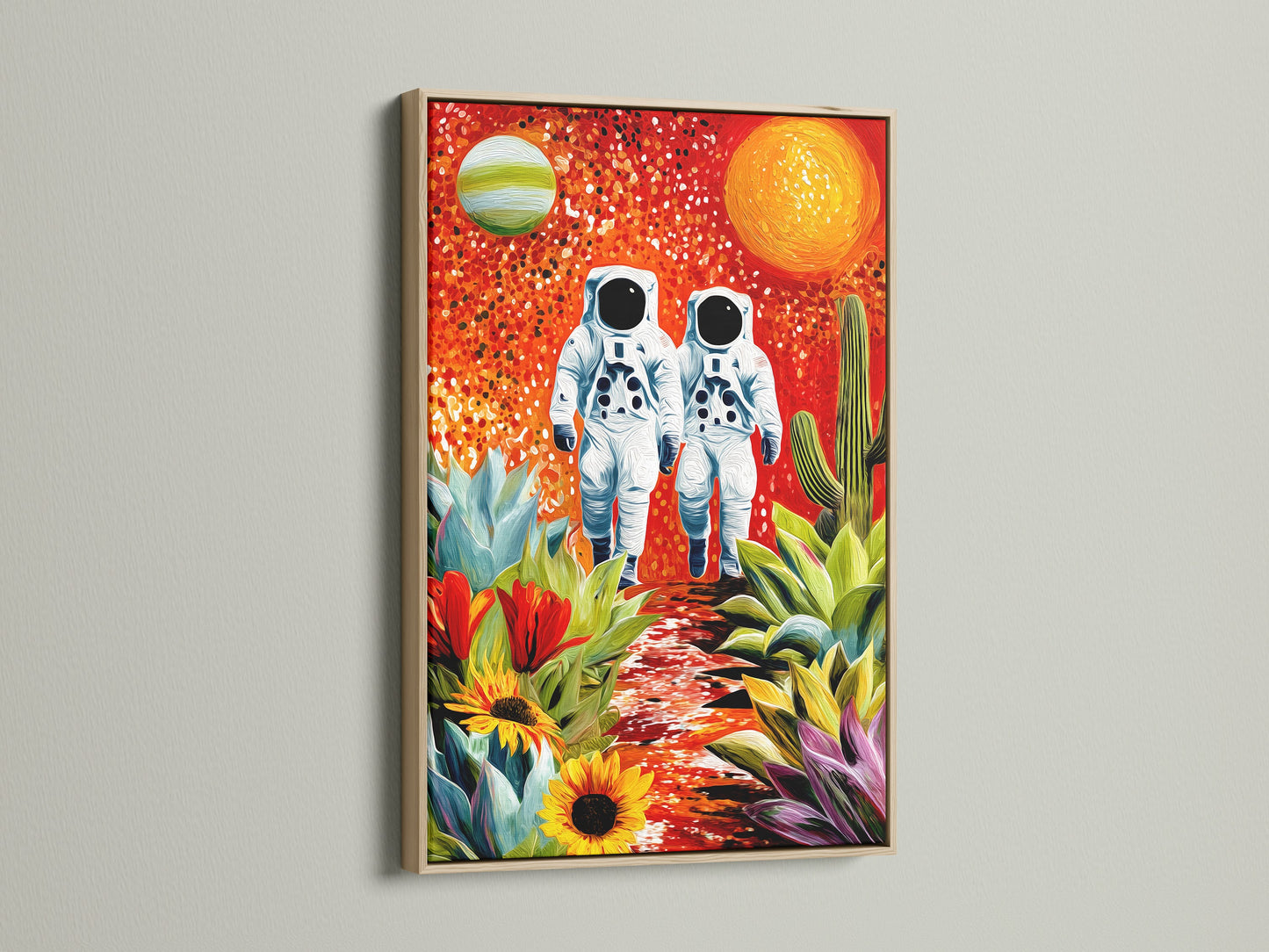 Astronauts in a surreal desert artwork is framed in oak. The artwork features vibrant colors and botanical elements. It enhances any living room or office space. Discover the beauty of space travel with this unique art print.