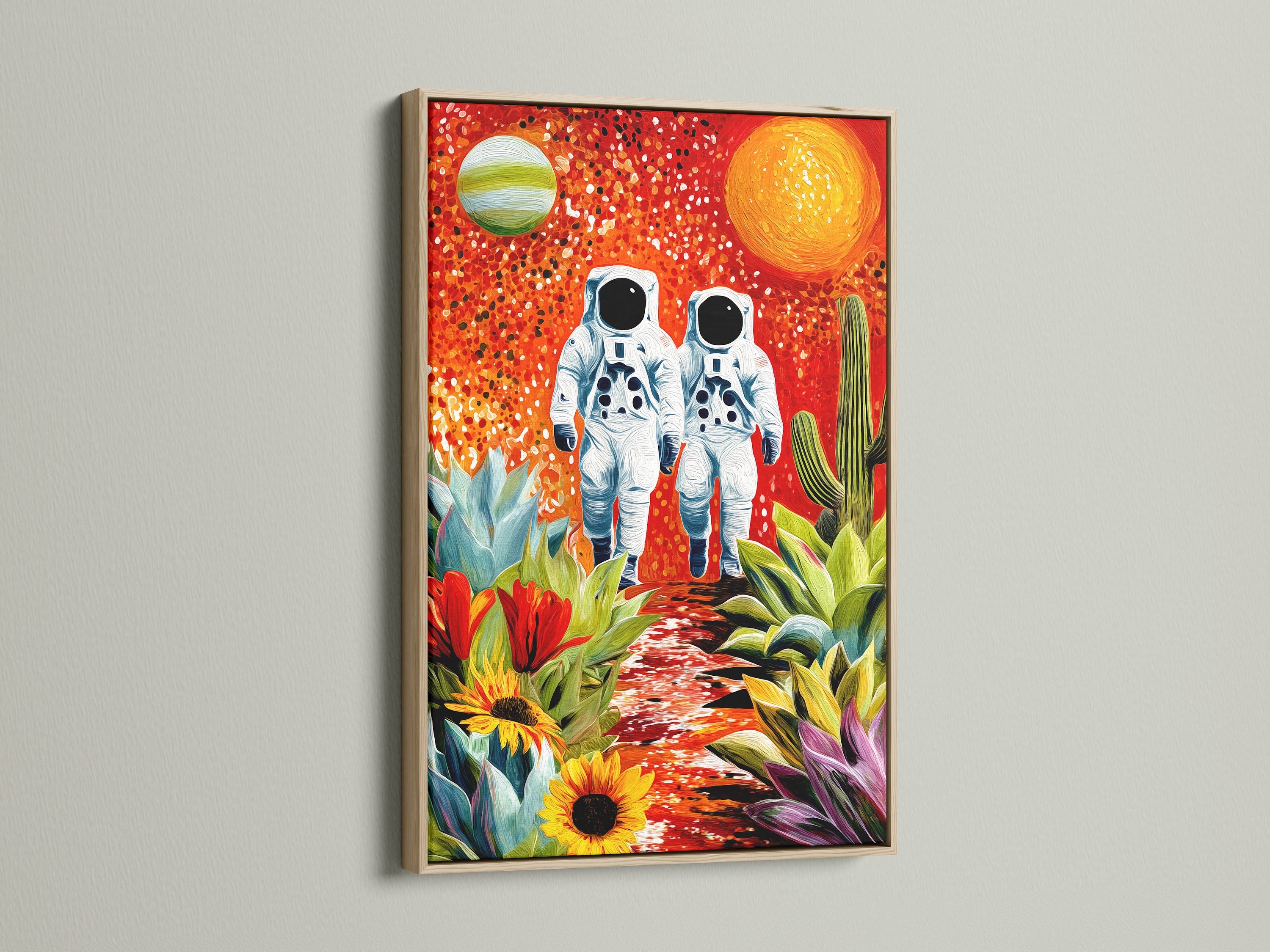 Astronauts in a surreal desert artwork is framed in oak. The artwork features vibrant colors and botanical elements. It enhances any living room or office space. Discover the beauty of space travel with this unique art print.