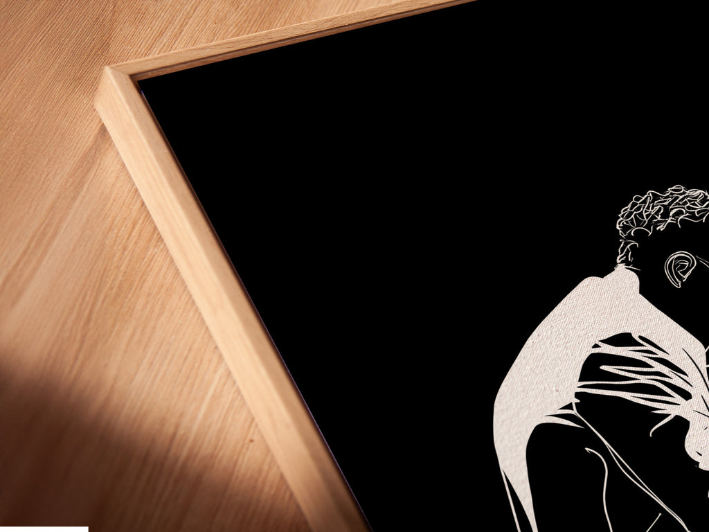 See the angled close-up of this stunning canvas print in a floating frame. The piano player artwork brings jazz musician art to life. This black and white music wall decor is perfect for study rooms. Add a touch of elegance to your walls.