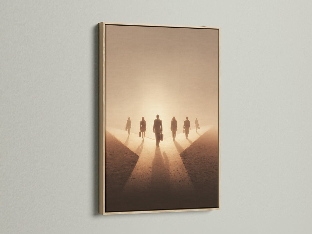 Artwork with an oak frame. The art features people walking into the light. The oak frame is a beautiful and classic choice. It will complement any style of home decor. This artwork is perfect for adding a touch of sophistication to your space.