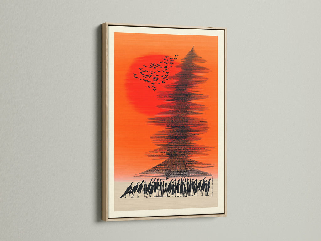 Abstract Sunset artwork with birds and people in an oak frame. This orange sky artwork is ideal for minimalist decor. Perfect for living rooms bedrooms and offices. Add a touch of contemporary art to your space.