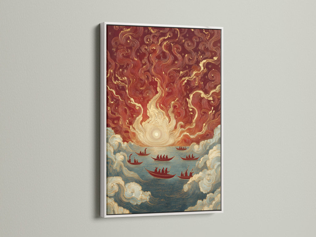 Enhance your decor with Asian Maritime artwork in a white frame. This traditional art print features vintage Chinese ships. Its red and gold colors bring an elegant nautical touch to any space. Ideal for home or office decor.