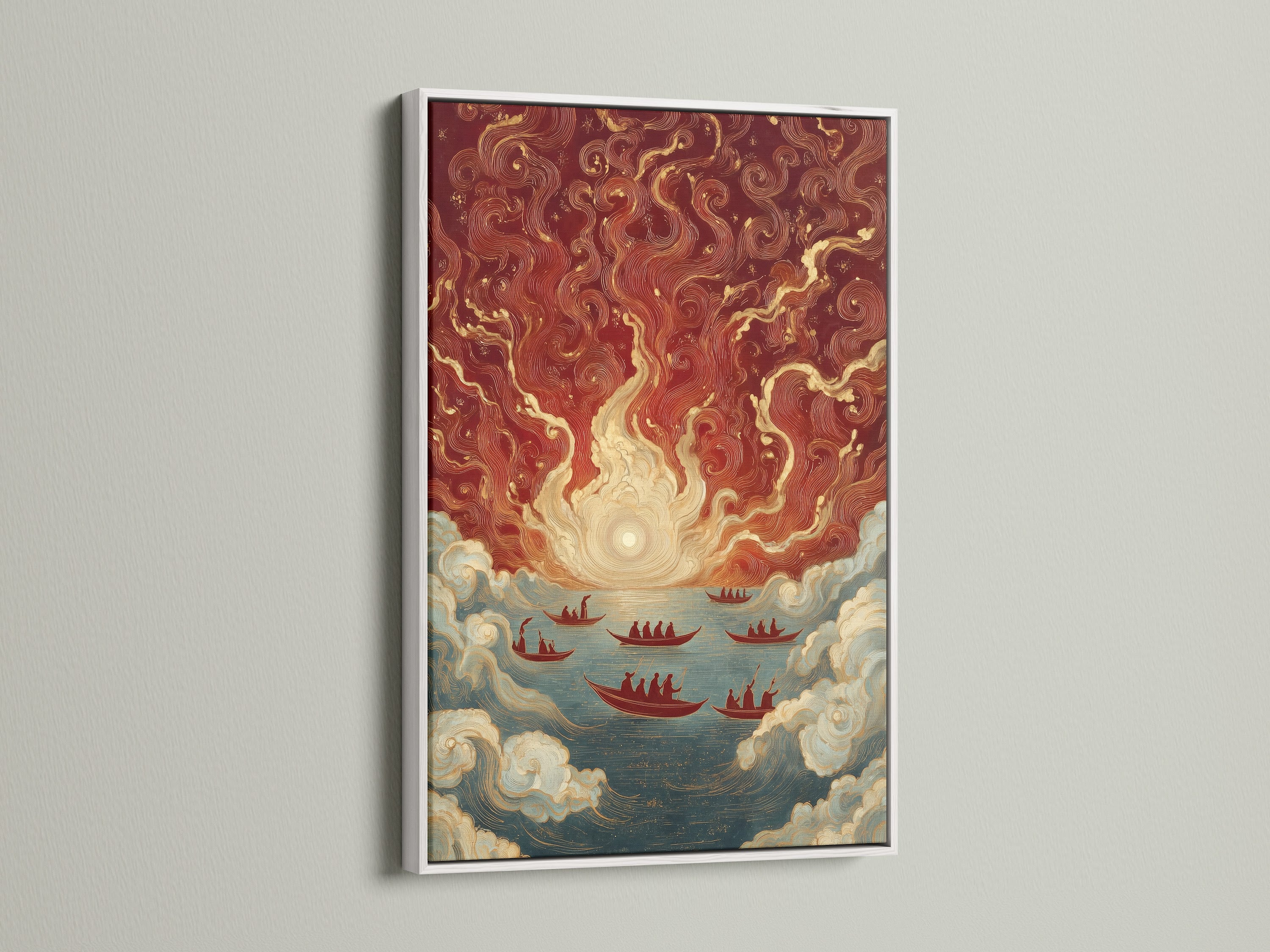 Enhance your decor with Asian Maritime artwork in a white frame. This traditional art print features vintage Chinese ships. Its red and gold colors bring an elegant nautical touch to any space. Ideal for home or office decor.