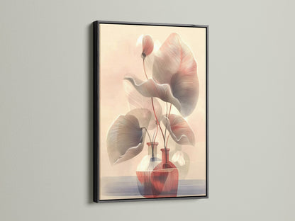 Botanical line art in a black frame. Abstract art with neutral tones for a modern look. This floral canvas print is ideal for bedroom wall decor. It enhances living room wall art. It's a striking piece of flower artwork. Perfect for minimalist art lovers.