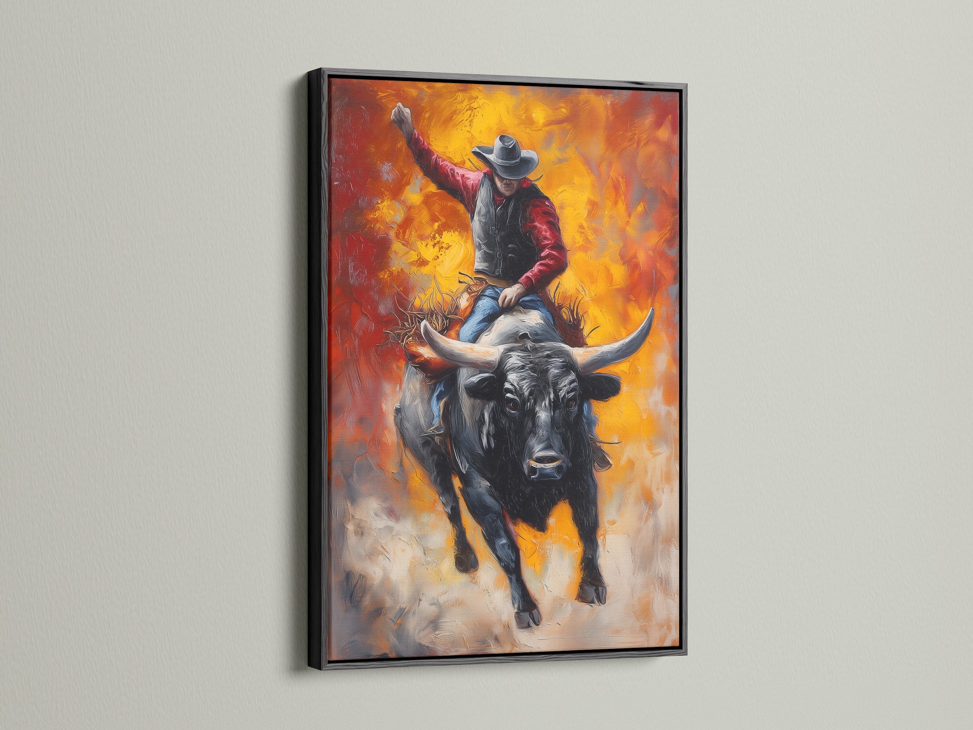 Artwork featuring a cowboy riding a bull. The artwork is displayed in a black frame. Black frames offer a bold and sophisticated look. They add contrast and make your artwork stand out. Discover our sleek and modern black frames