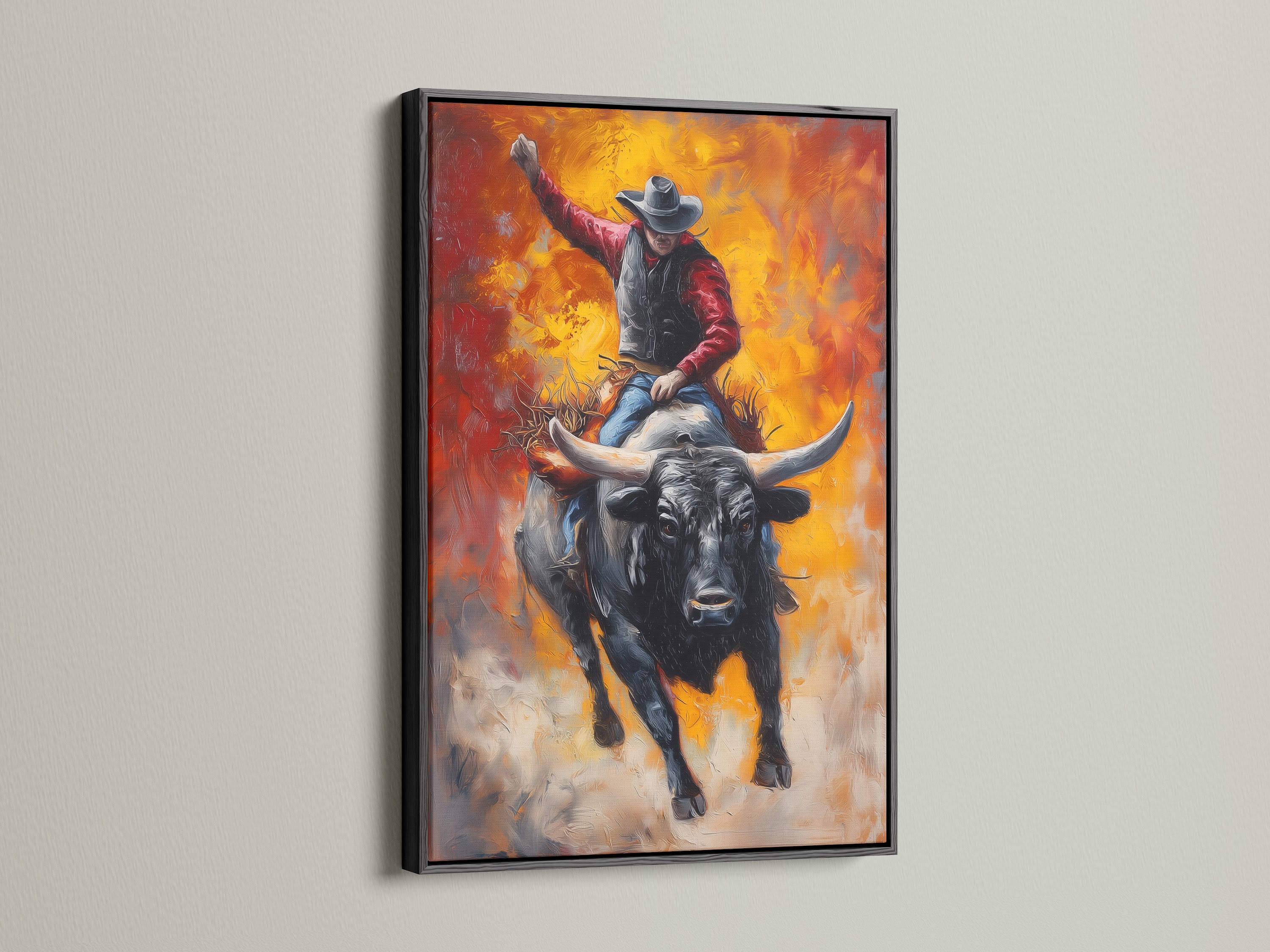 Artwork featuring a cowboy riding a bull. The artwork is displayed in a black frame. Black frames offer a bold and sophisticated look. They add contrast and make your artwork stand out. Discover our sleek and modern black frames