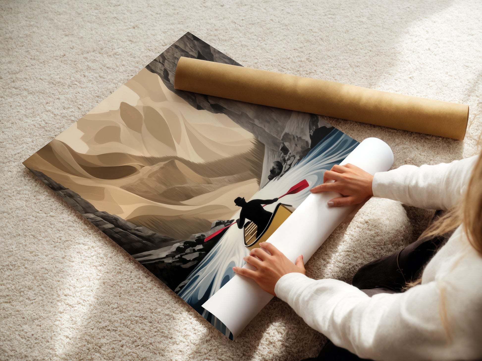 A woman is carefully unrolling a fine art poster paper. The paper showcases the Canoe River artwork. This demonstrates the quality and care in handling the print. Perfect for creating stunning wall art at home or in the office.