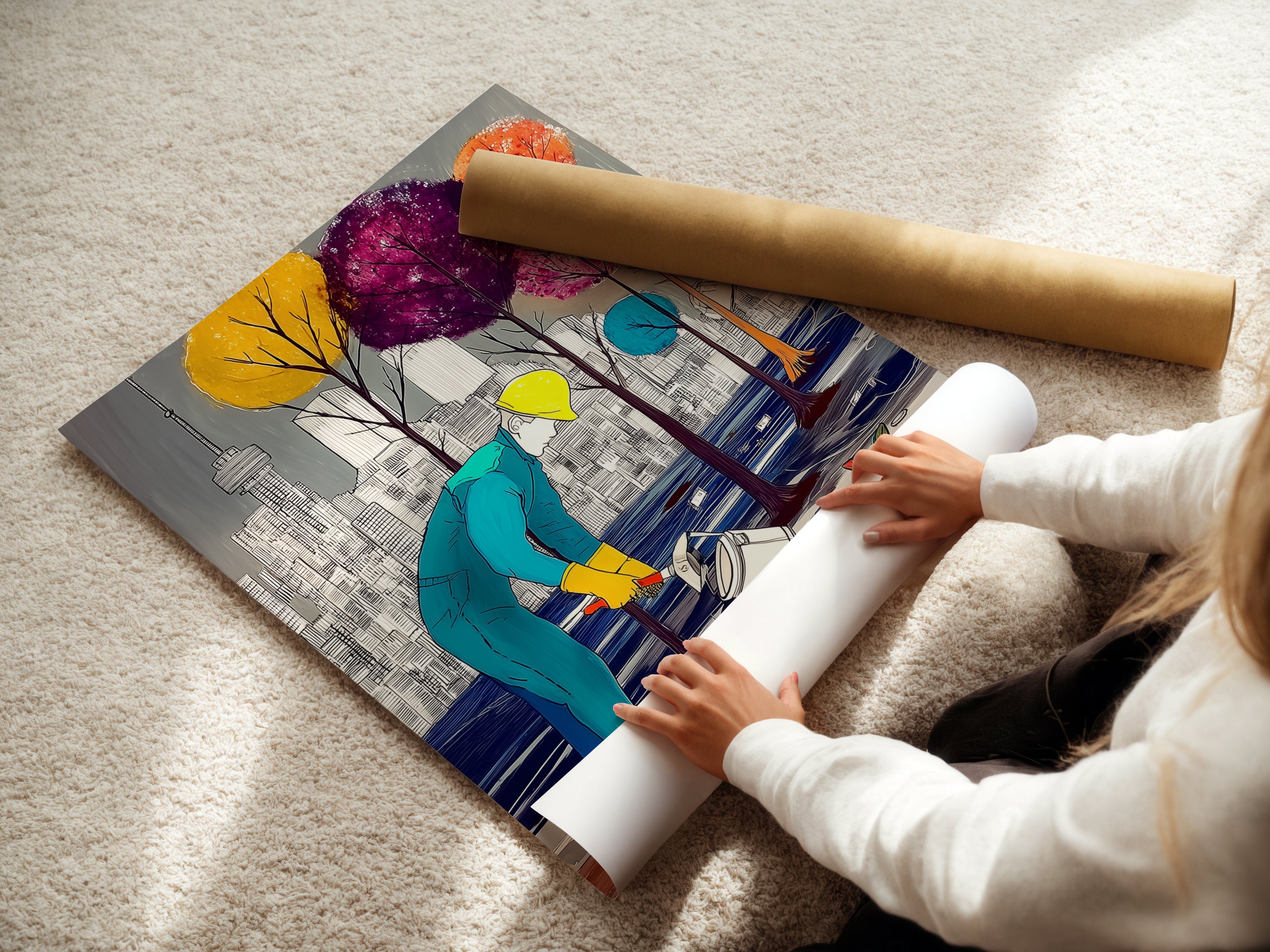 A woman is carefully rolling a fine art poster paper. The City Gardener Artwork is being prepared. High-quality materials ensure a stunning final piece. This fine art poster is perfect for collectors. The urban landscape artwork comes to life with vibrant colors.