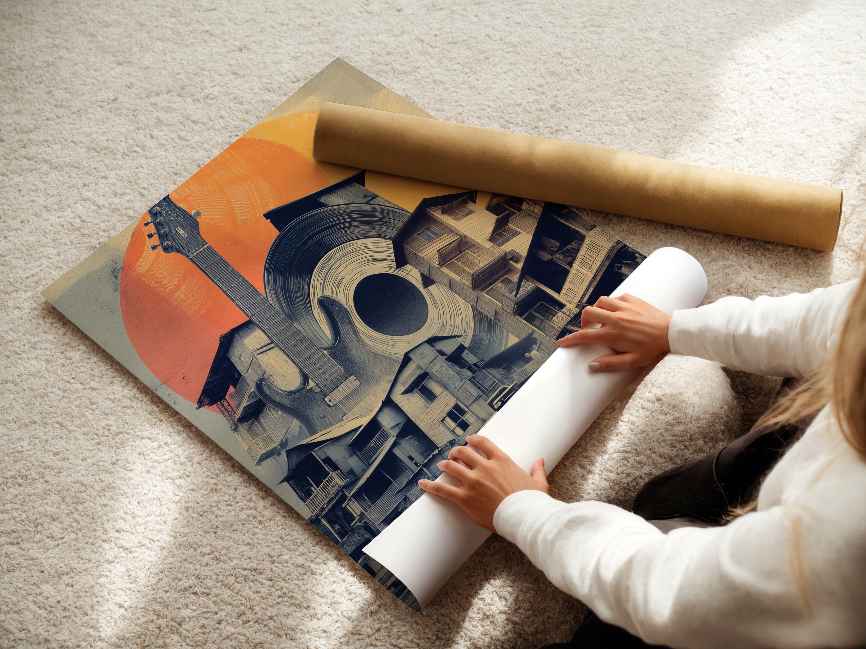 A woman is shown rolling fine art poster paper. This paper is ideal for creating high quality prints of artwork. The Musical Village design is perfect for music rooms and sound studios. It's a great choice for art enthusiasts.