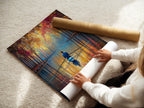 A woman is carefully rolling a fine art poster paper. The poster features a stunning rowing scene. The fine art paper enhances the artwork's colors and details. Perfect for creating high-quality prints of your favorite art. This poster paper ensures a professional finish.