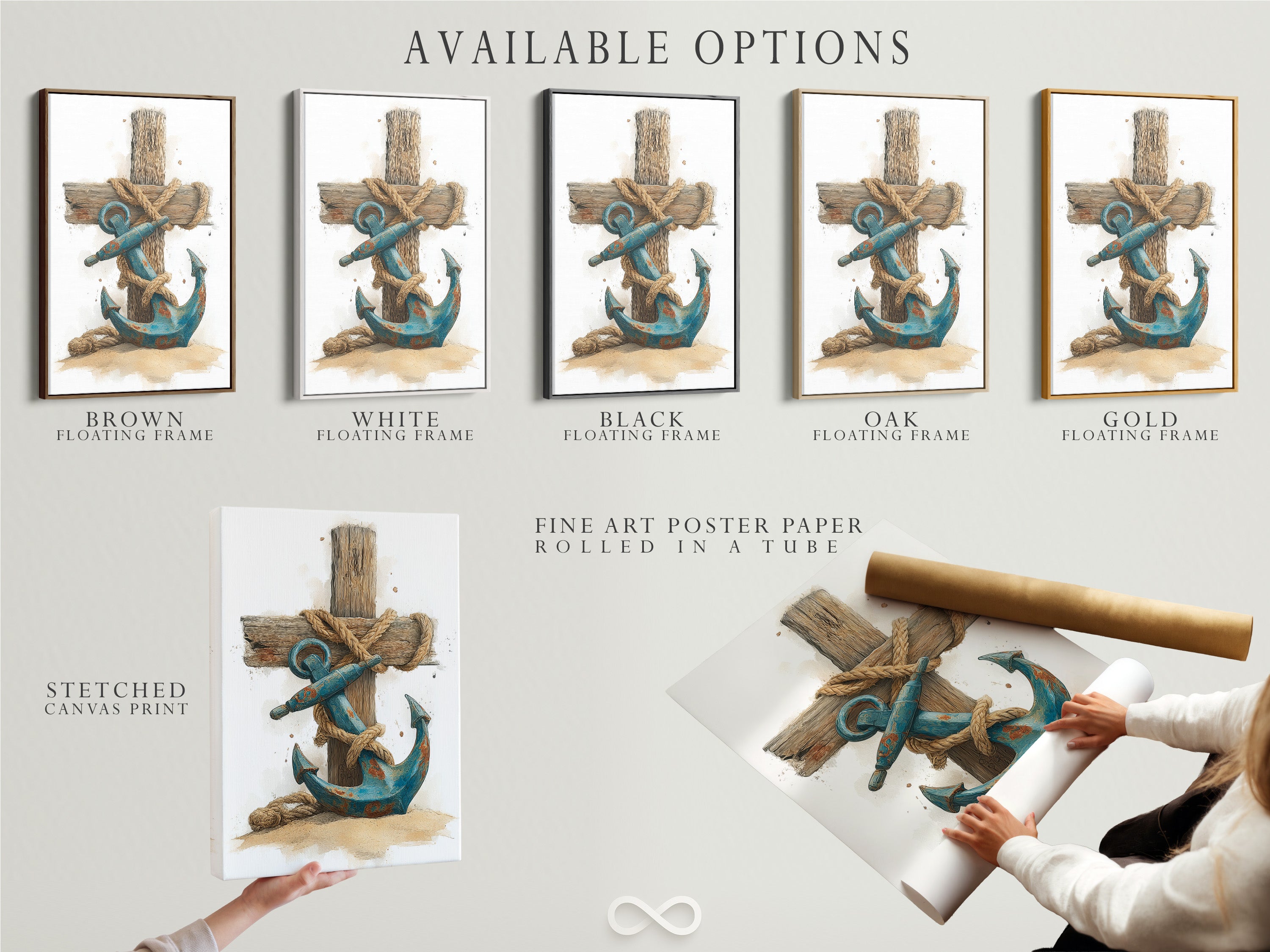 Explore available options for this artwork. Choose from a stretched canvas print. Select a fine art poster paper. Consider a floating frame to enhance your art. The art features a blue anchor. It is wrapped in rope against a wooden cross.