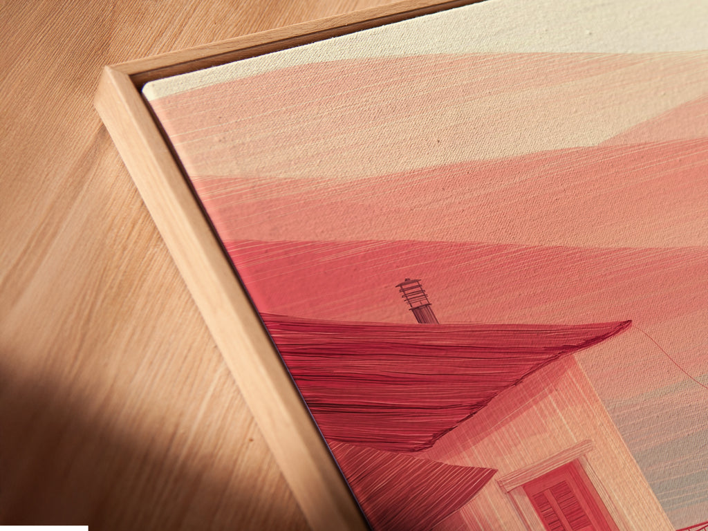 A close up angled view displays a canvas print in a floating frame. The coastal house artwork features a red boat. The minimalist seascape is perfect for adding a serene touch. Ideal for living room wall art and beach house decor. Elevate your space with this elegant and calming artwork. Discover nautical wall art.