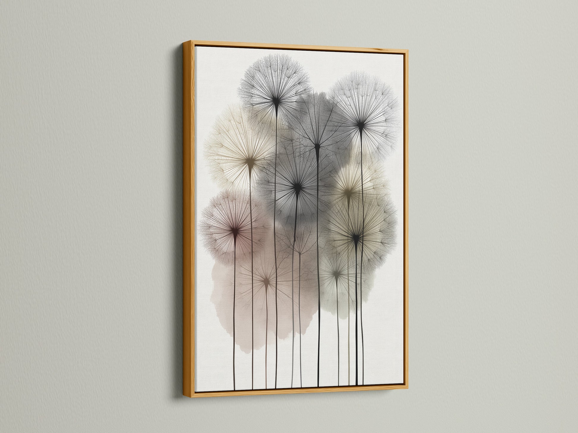 Dandelion artwork in a gold frame. This botanical print radiates elegance. It is a modern floral canvas for sophisticated bedroom wall decor. The neutral wall art adds a touch of luxury. It is perfect flower art to brighten any space. It complements scandi decor.