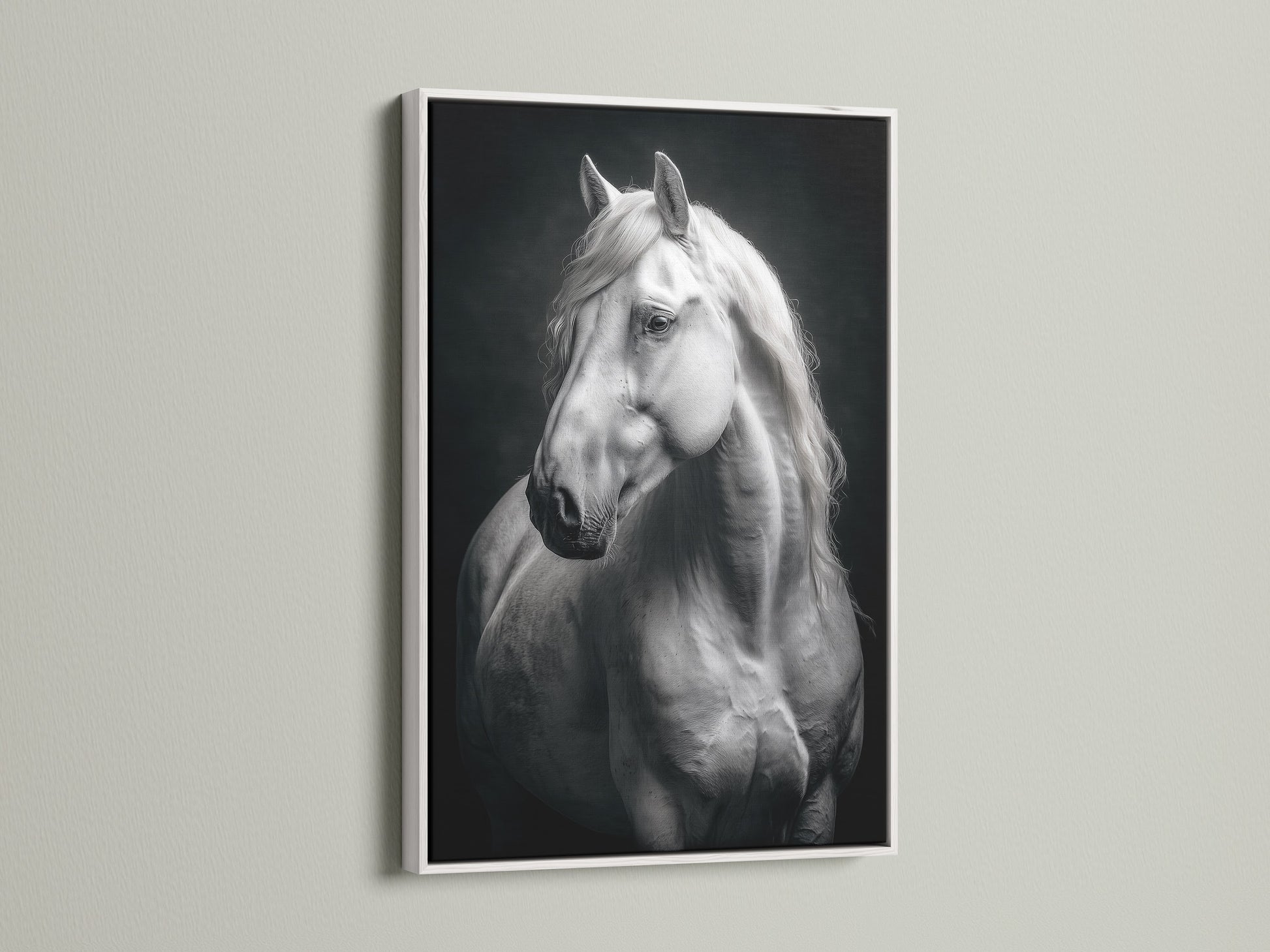 Elegant white horse artwork in a black and white print. The art is framed in a clean white frame. This animal canvas adds a modern touch to any room. It's perfect for bedroom wall art or equestrian decor. A beautiful piece of equine art for horse enthusiasts. Perfect gift for horse lover.